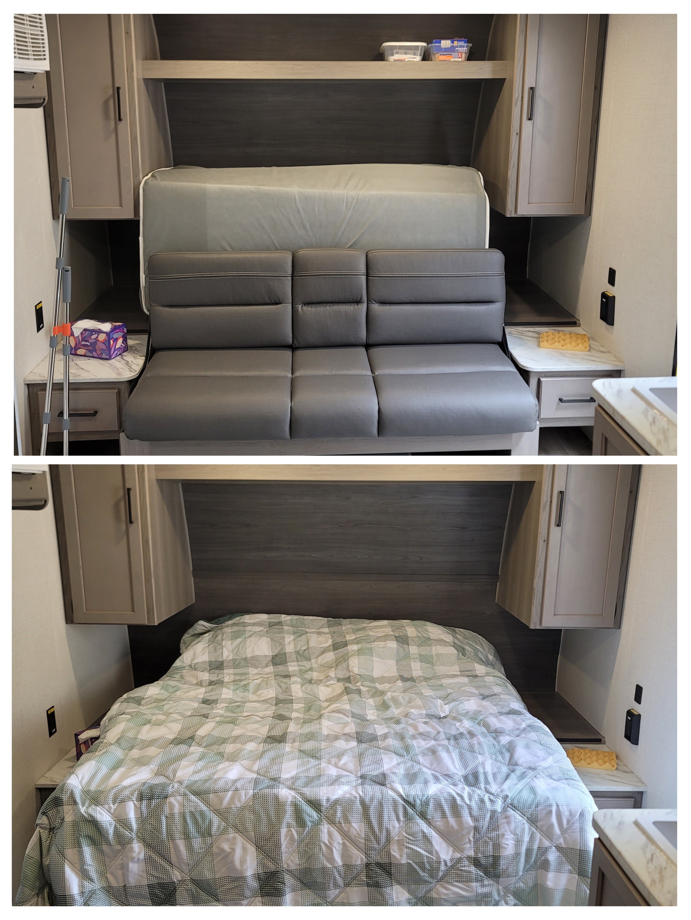 This versatile RV rental space transforms from a comfy sofa into a large sleeping bed, with overhead storage.. Keystone RV Hideout Sport 2024