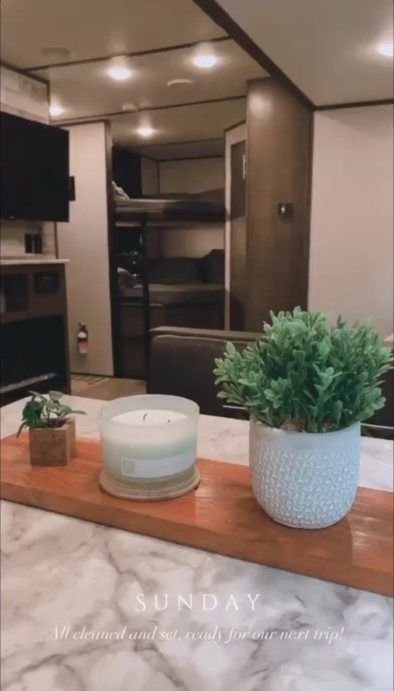 Clean RV rental interior featuring a dining table, decorative plants, and bunk beds in the back. Ready for a trip!. COLEMAN Lantern 285BH 2020