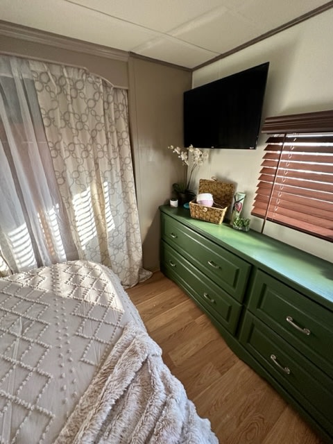 Cozy RV rental bedroom: bed with textured bedding, green dresser, wall-mounted TV, and sunlit patterned curtains.. Holiday Rambler Presidential 2006