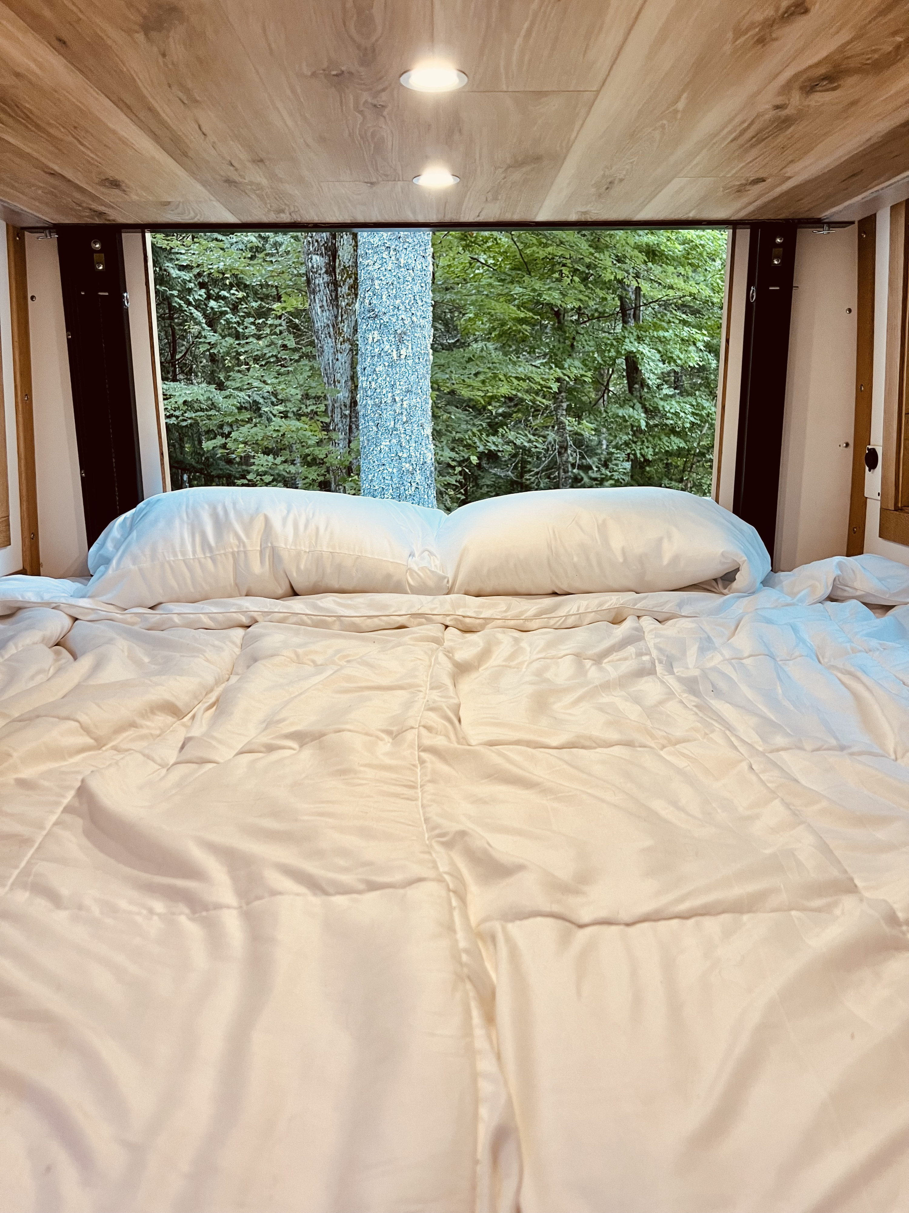 Enjoy a serene forest view from the cozy bed of this RV rental, featuring white bedding and a warm wooden ceiling with lights.. Ford Transit 2023