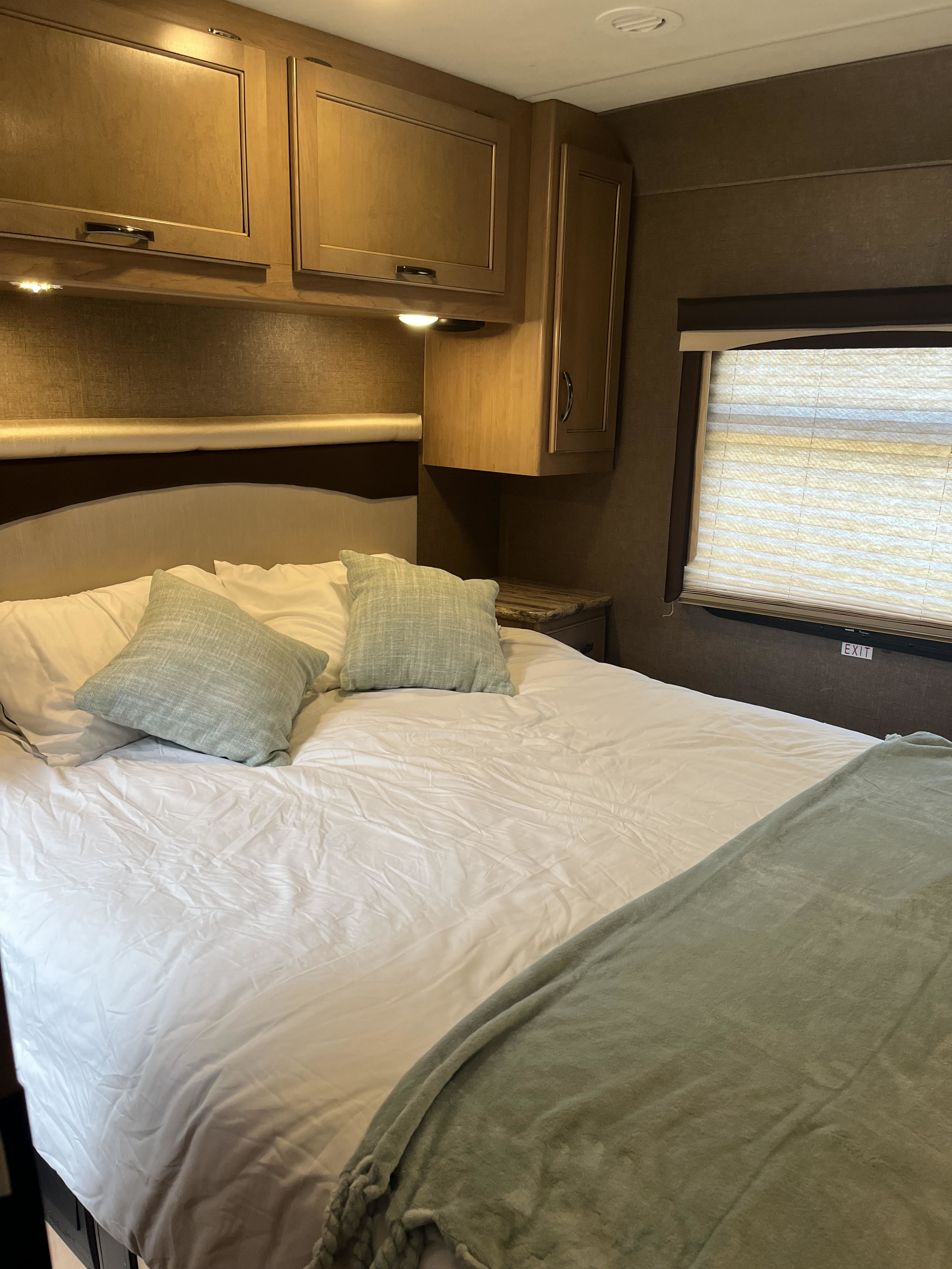 Experience comfort in this RV rental bedroom: a cozy bed, overhead storage, and a bright window for your journey.. Thor Motor Coach ACE 2018