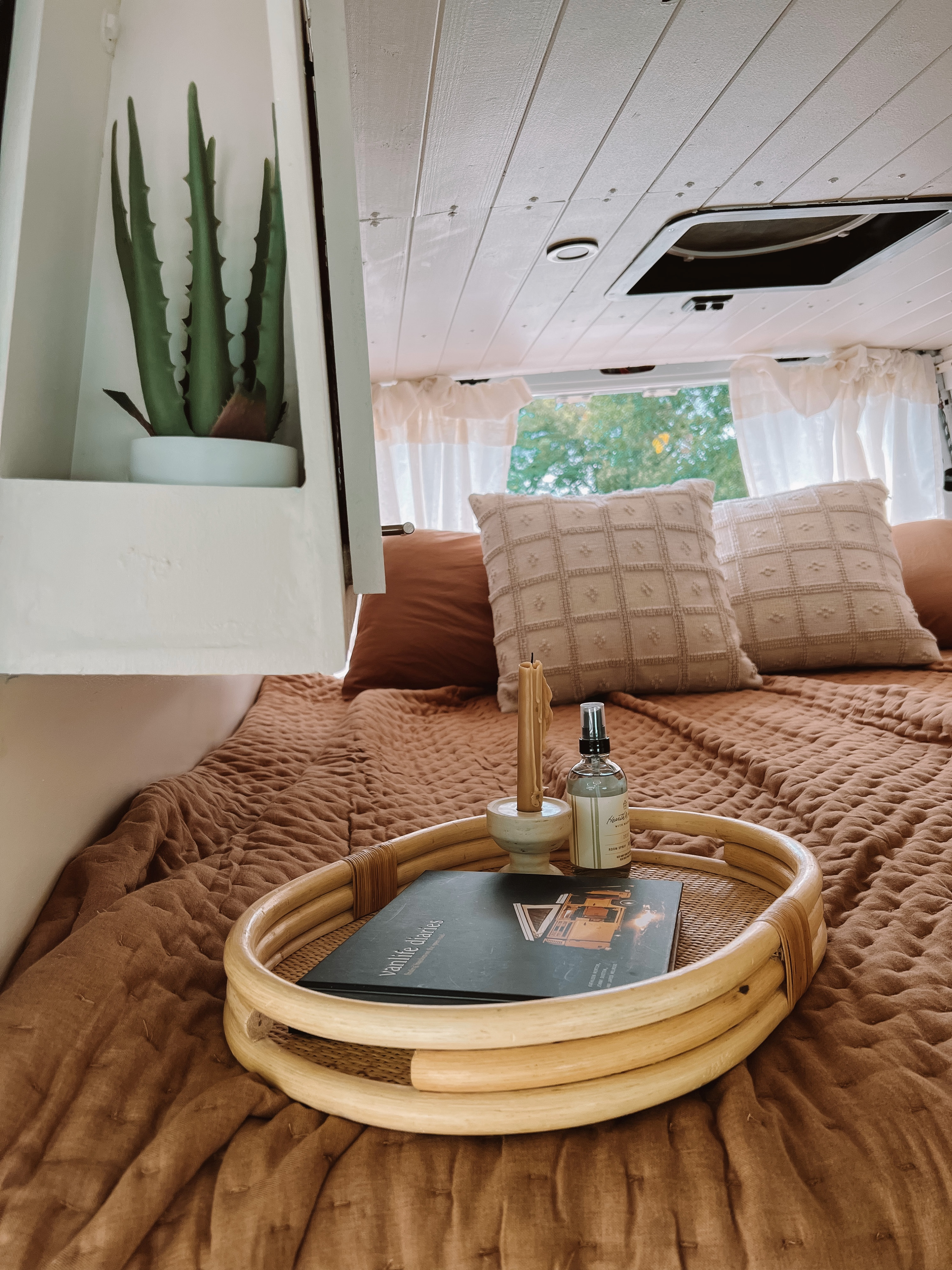 Relax in this charming RV rental's interior: a comfortable bed with pillows, plant, and reading tray. Great for van life.. Mercedes-Benz Sprinter 2013