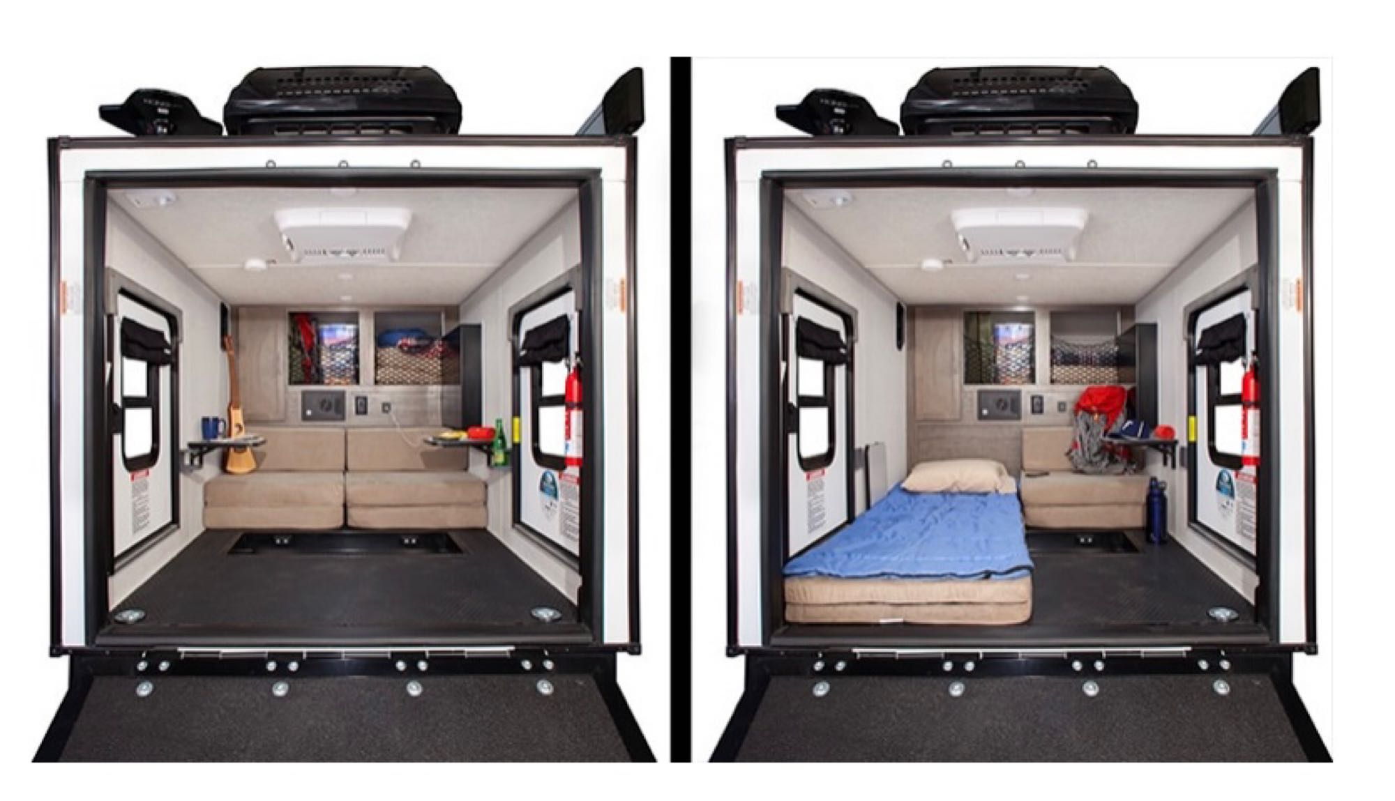 RV rental interior: dual views of a versatile camper. Left shows sofa for living, right shows bed for sleeping. Compact design.. Forest River NoBo 10.6 off grid mini toy hauler 2020