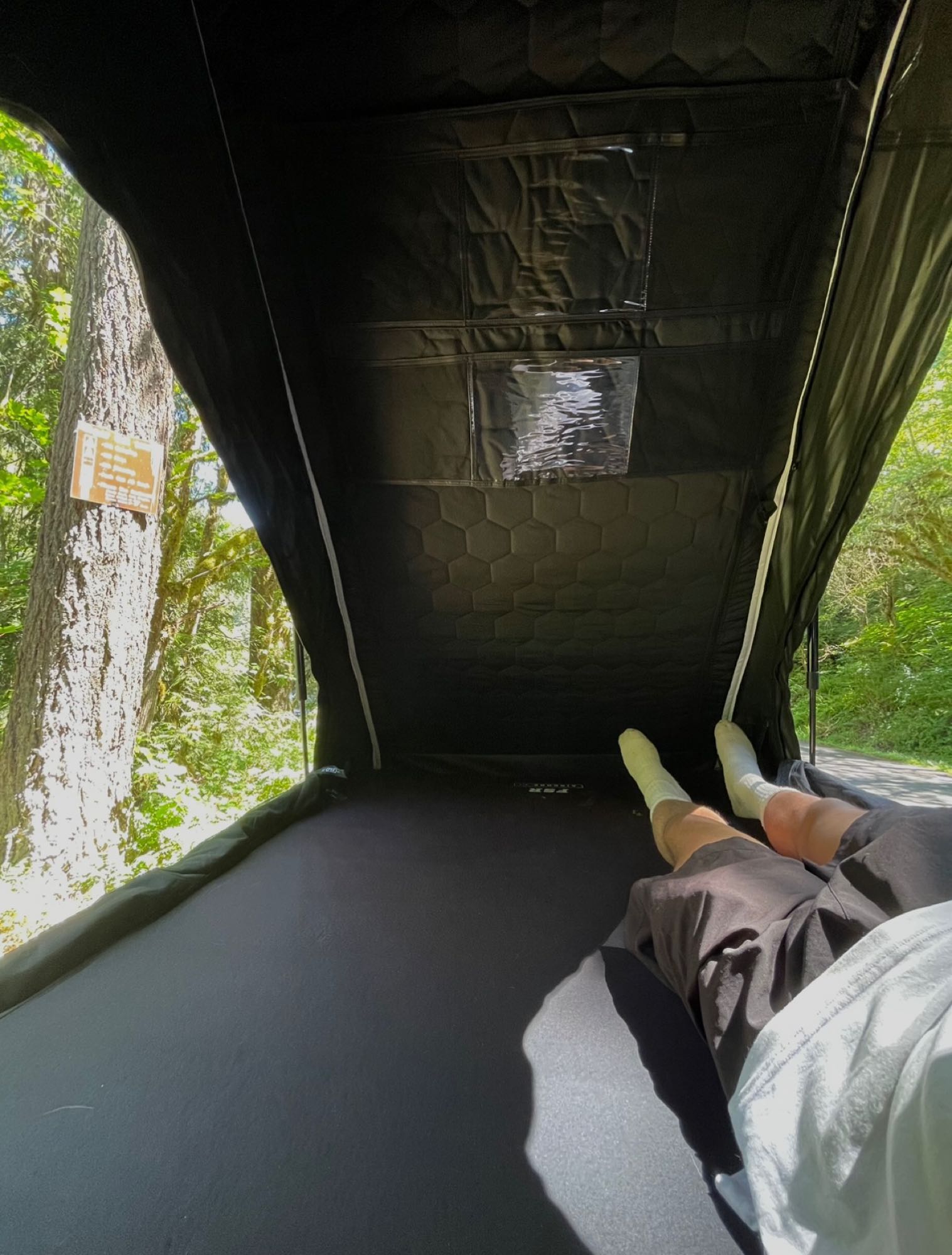Relaxing inside an RV rental tent, feet up, gazing at the lush forest outside a tree sign. Peaceful camping getaway.. Subaru Outback 2014