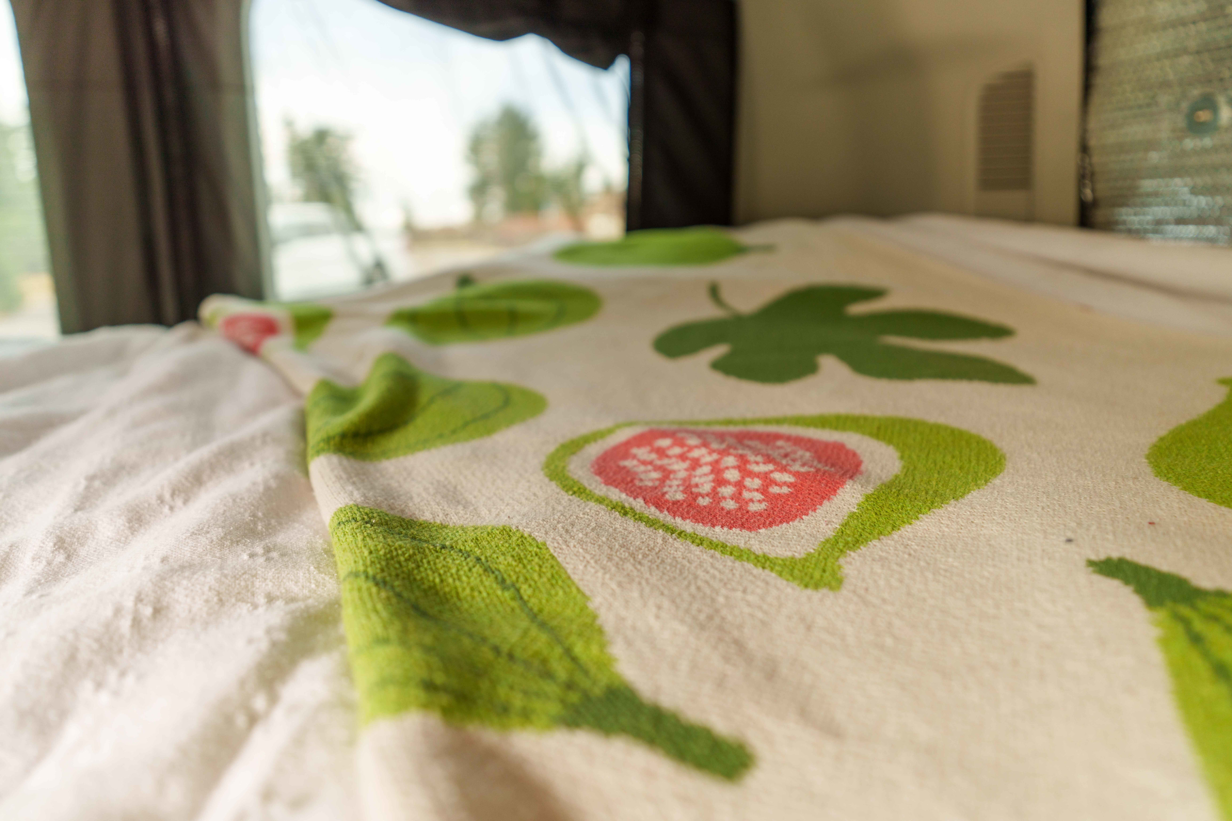 RV rental bed with a cozy, fig-patterned blanket and a blurred outdoor view from the window.. Ford Transit 2018