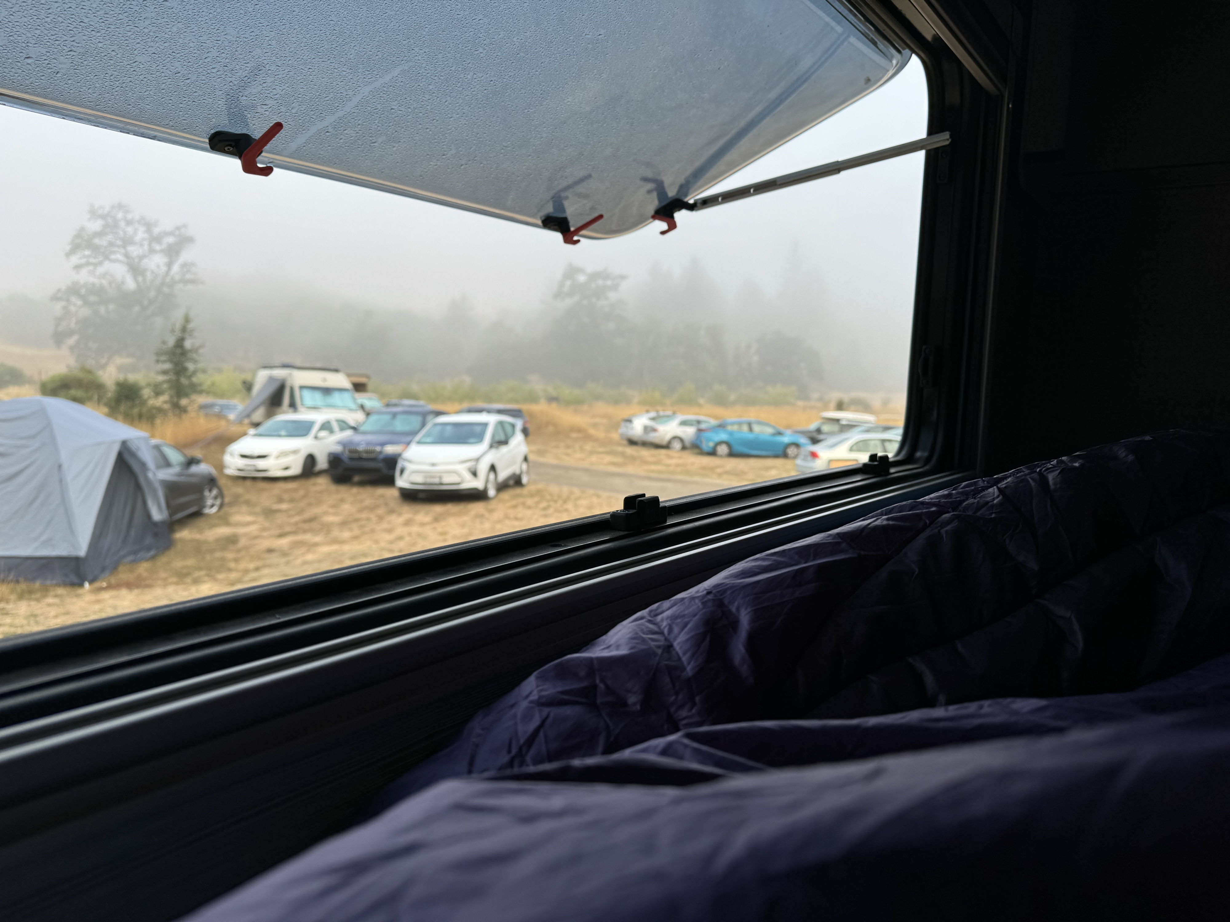 Inside an RV rental on a foggy morning. Peeking from a cozy window at cars and a tent in the campsite.. Winnebago Ekko 2024