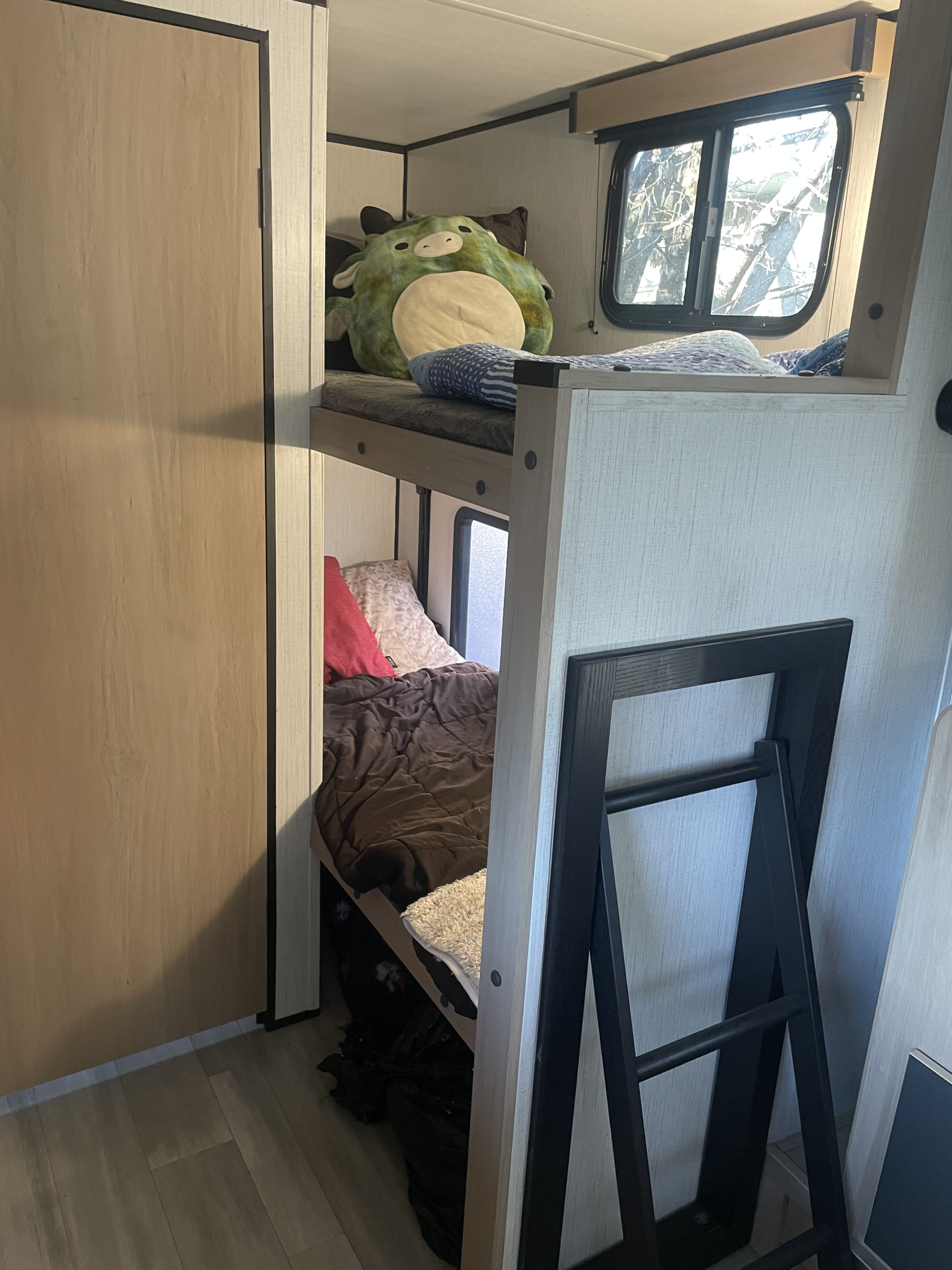 RV rental: Interior shot of cozy bunk beds with a large green plush toy, window, and ladder for access.. Cruiser RV Hitch 2022