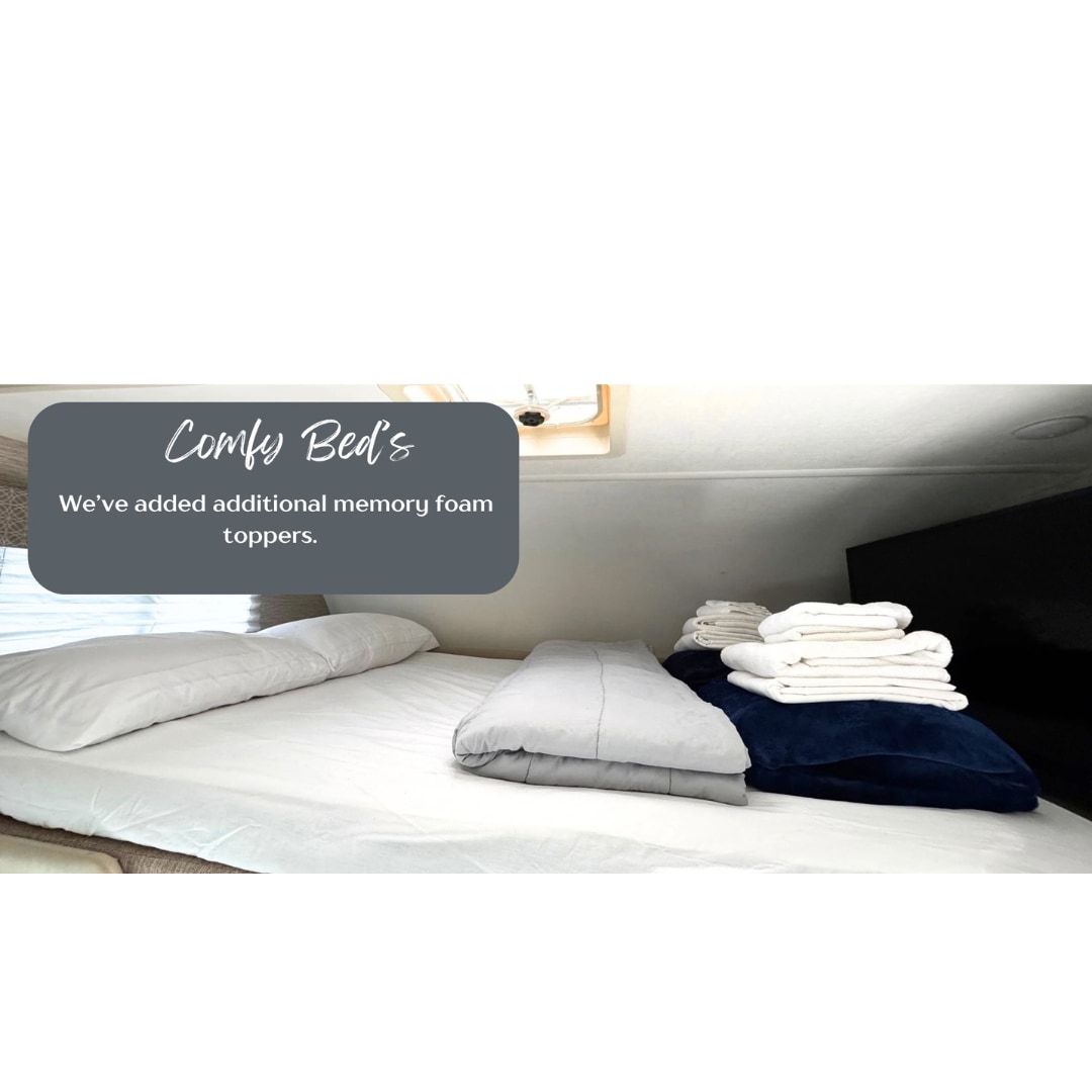 New memory foam toppers provide ultimate comfort in this RV rental's bed, complete with fresh linens & towels.. Thor Chateau 2022