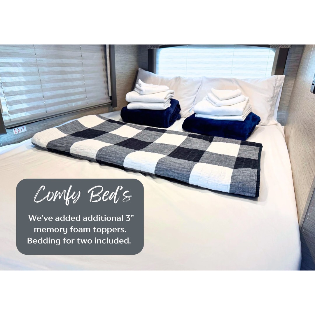 RV rental: Comfy bed with 3" memory foam toppers & bedding for two provided for a relaxing stay.. Thor Freedom Elite 2019