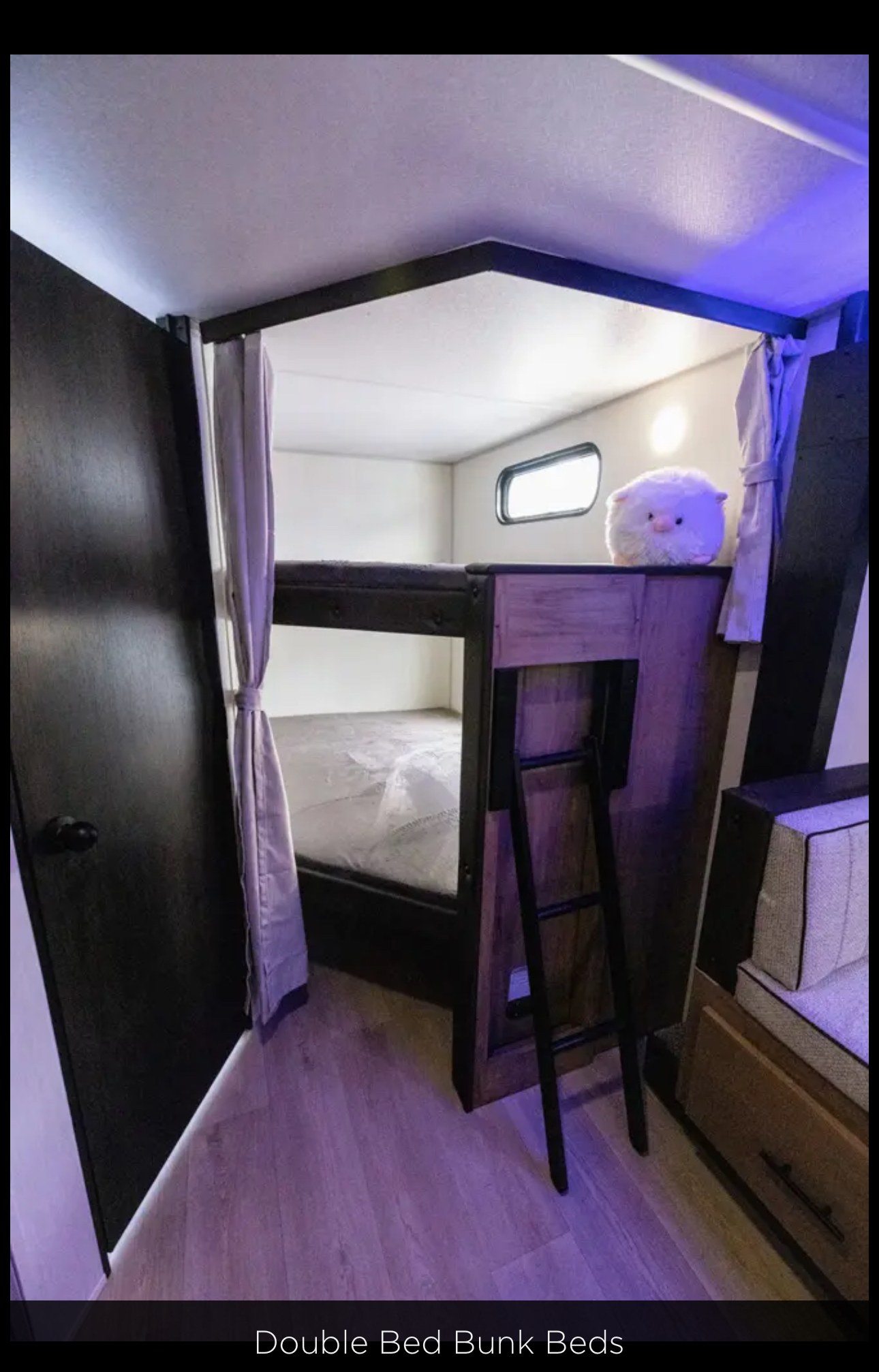 RV rental bunk beds: a compact double-bed sleeping area with ladder, window, and cozy purple lighting.. Forest River 26DBH 2025