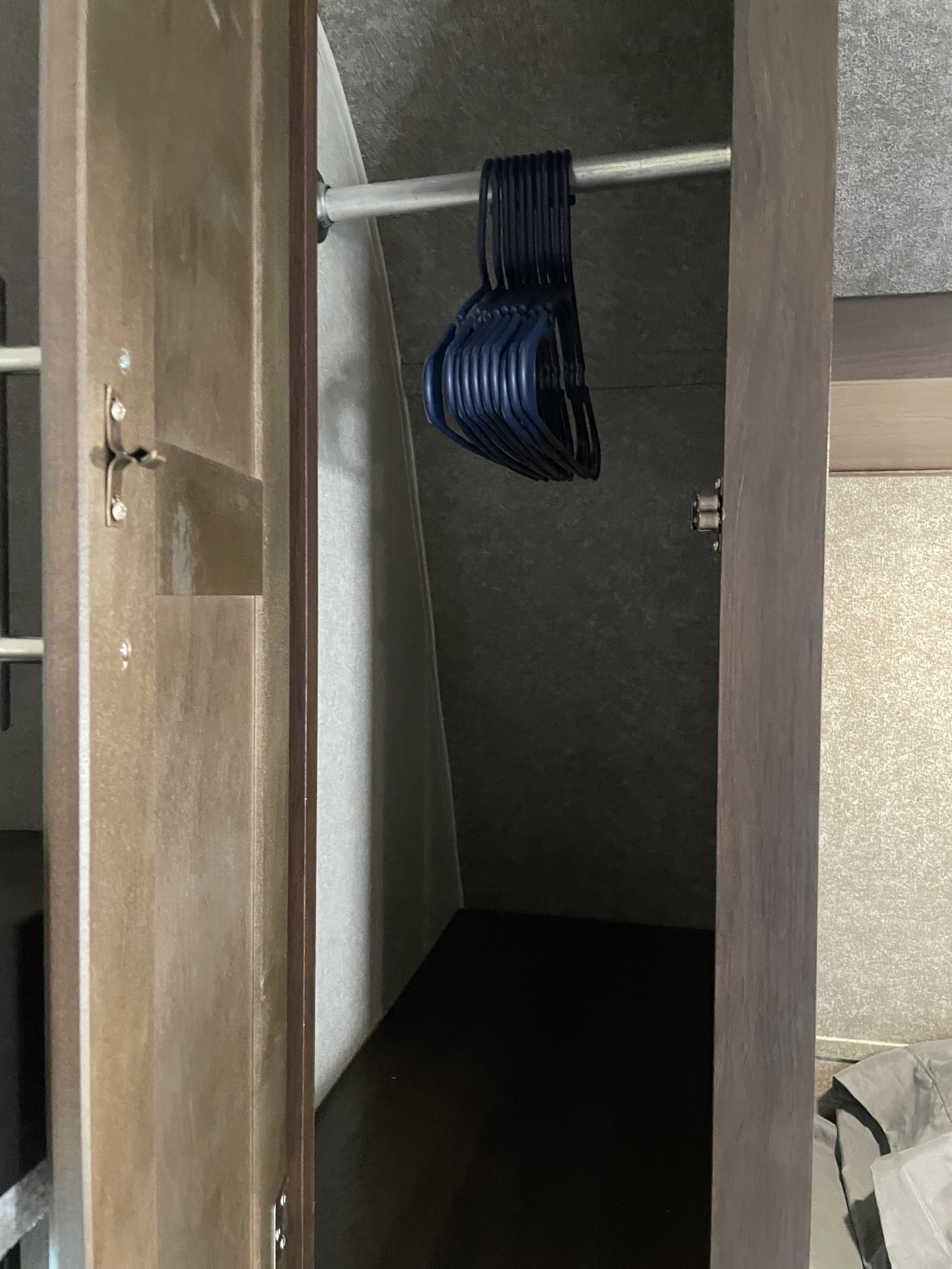 This RV rental closet offers compact storage, featuring a hanging rod with blue hangers.. Jayco Jay Flight 2019