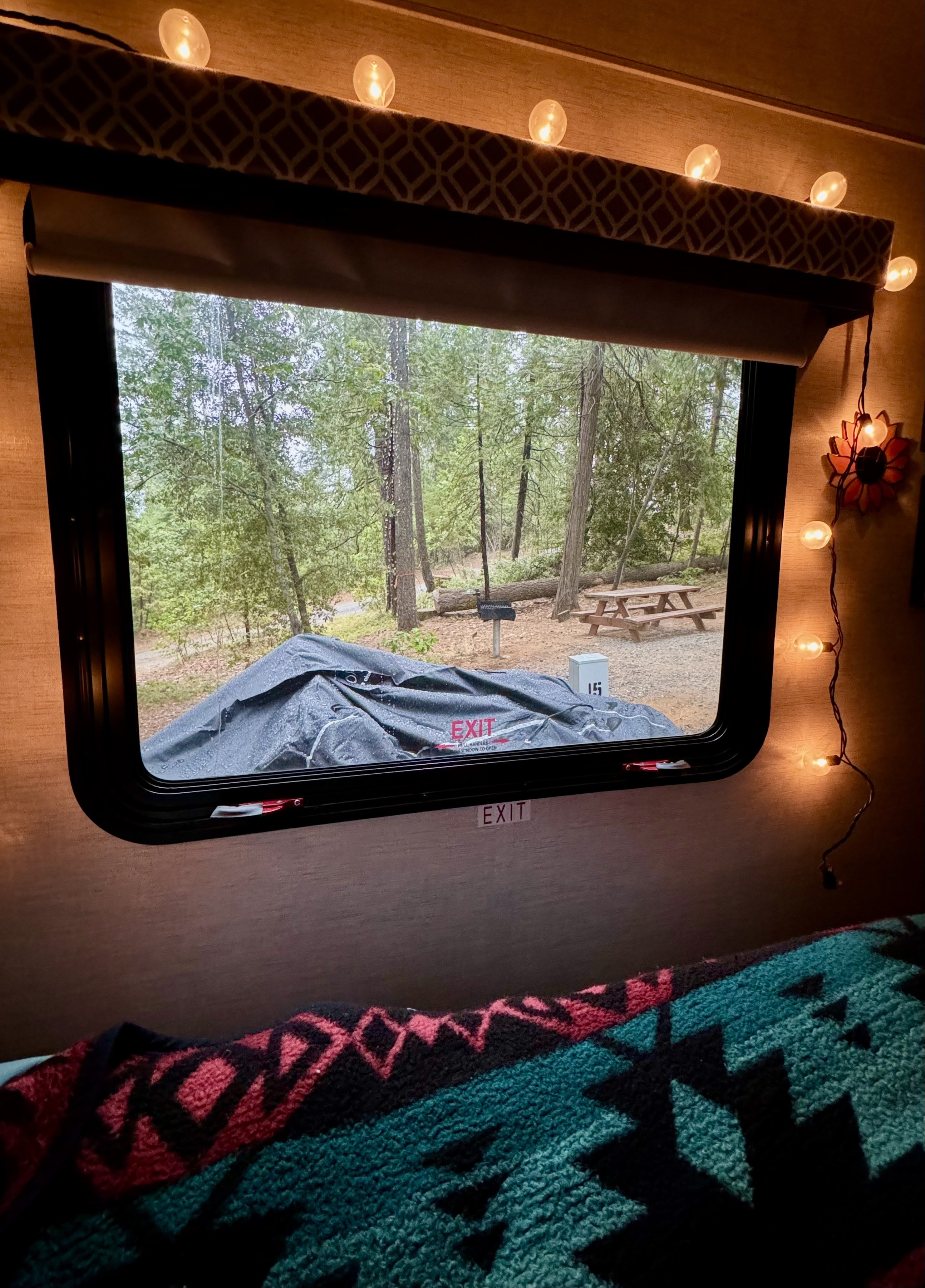 Cozy RV rental interior with string lights illuminating a rainy window view of a serene wooded campsite.. Thor Coleman 2024