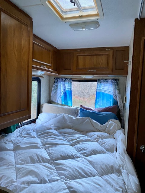 RV rental's cozy sleeping area: a bed with white bedding, pillows, blue curtains, wood cabinets, and a ceiling skylight.. Four Winds Majestic 2004