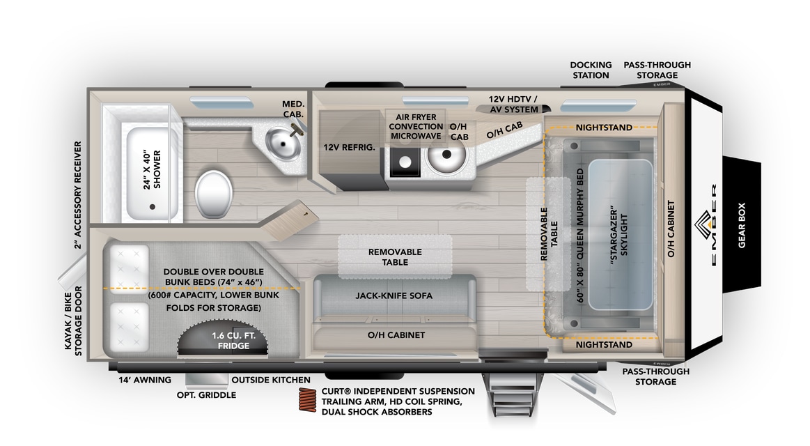 Floorplan of the Ember Overland travel trailer