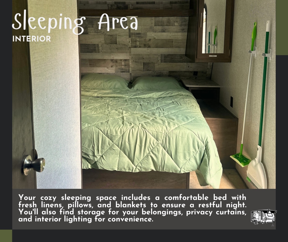 Explore your RV rental's comfortable sleeping area: a bed with fresh linens, storage, and a handy cleaning nook.. Dutchmen Coleman Lantern LT 2021