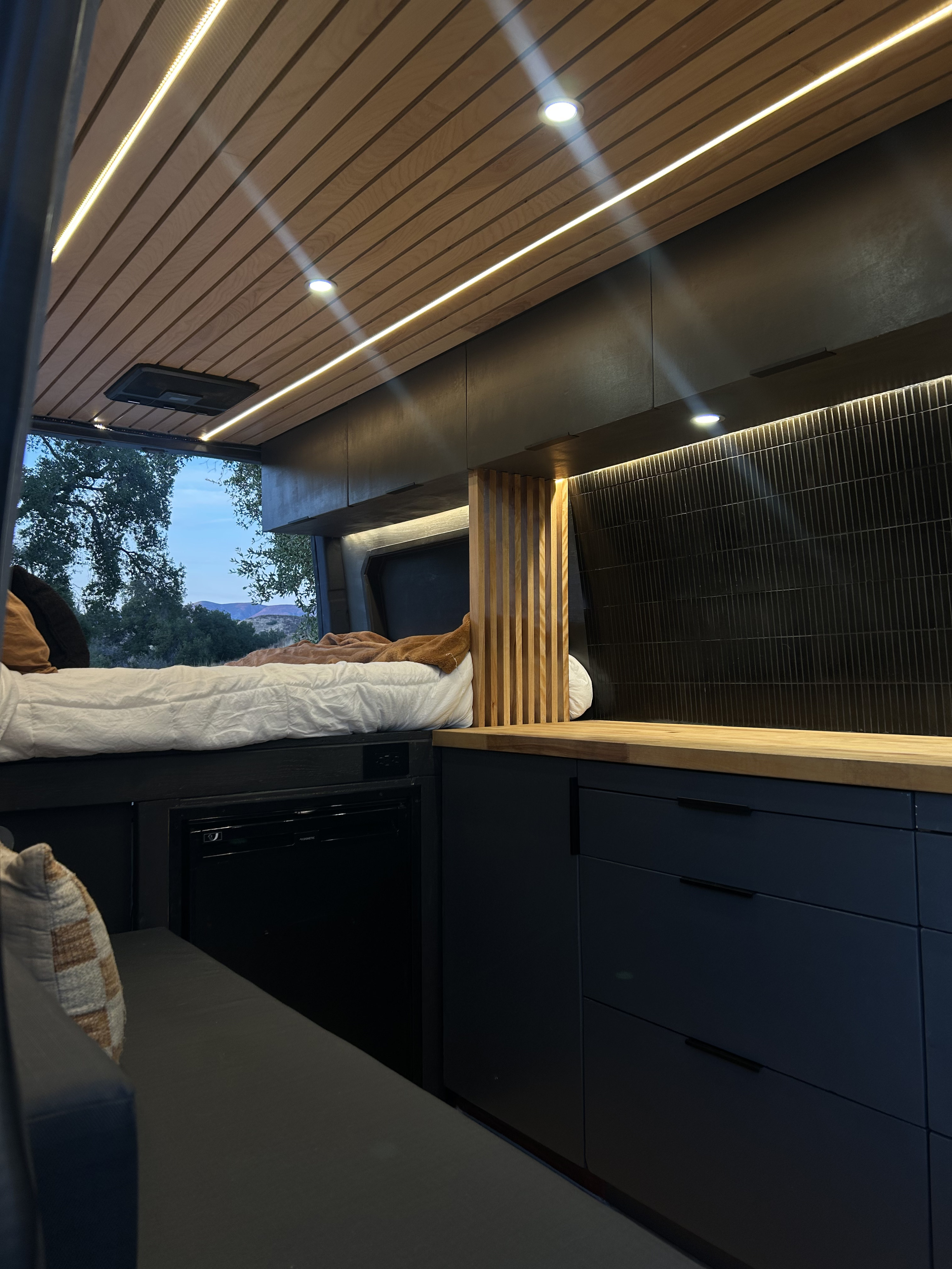 Modern RV rental interior: wooden ceiling with LED lights, cozy bed, compact fridge, dark cabinets, and nature view.. Mercedes-Benz Sprinter 2022