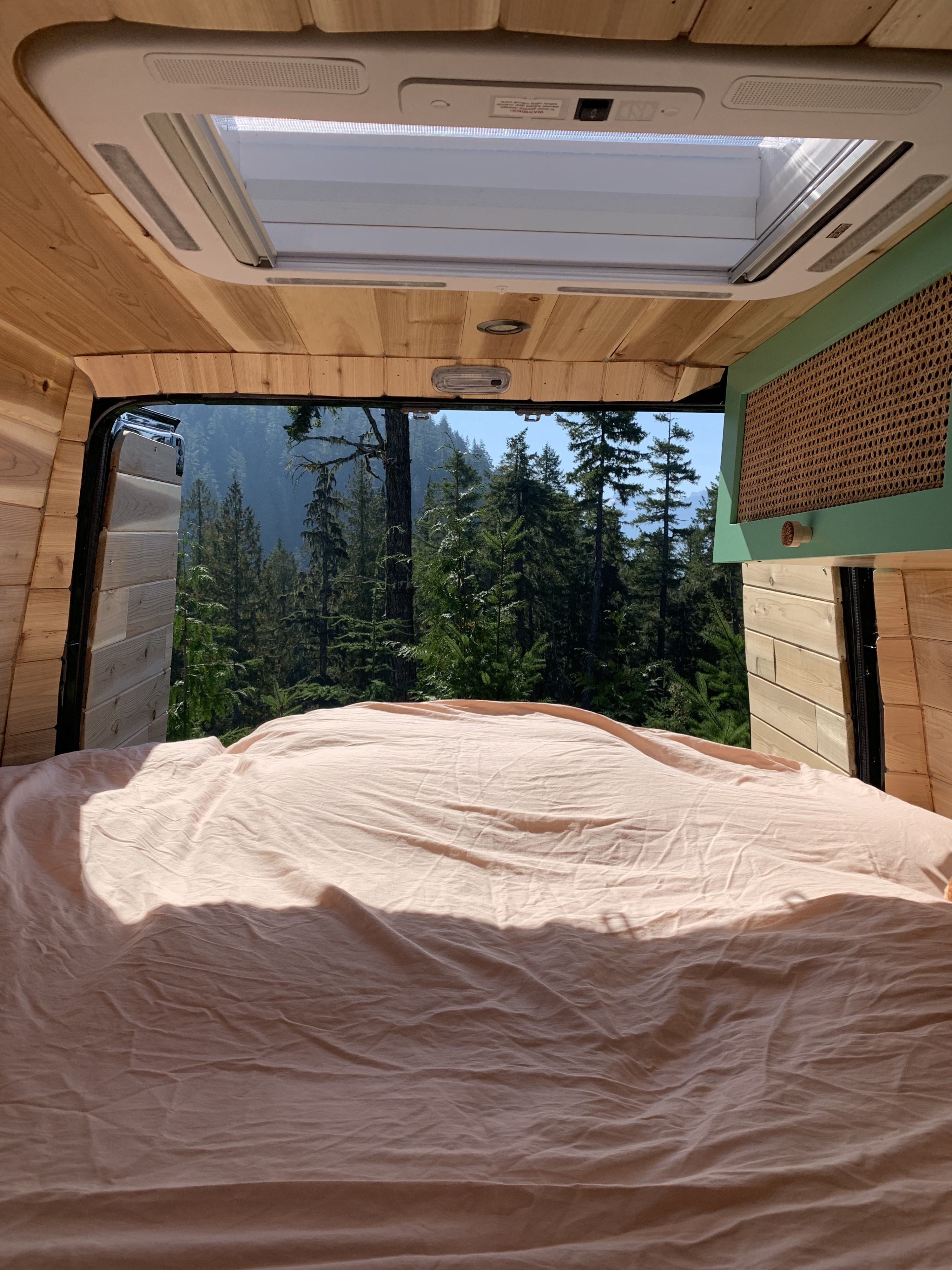 Embrace nature from this cozy RV rental! Inside, a light pink bed faces open doors revealing a dense forest.. Mercedes-Benz Sprinter 2022