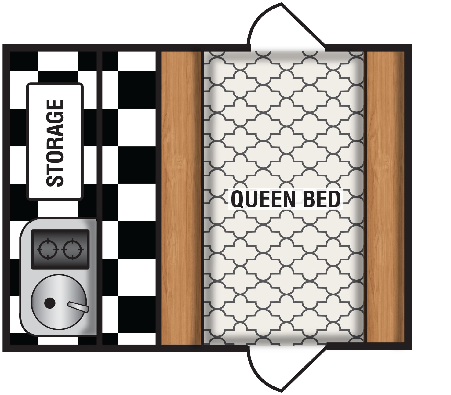 RV rental floor plan: compact interior with queen bed, storage, and checkerboard utility area.. Riverside RV Retro 2017