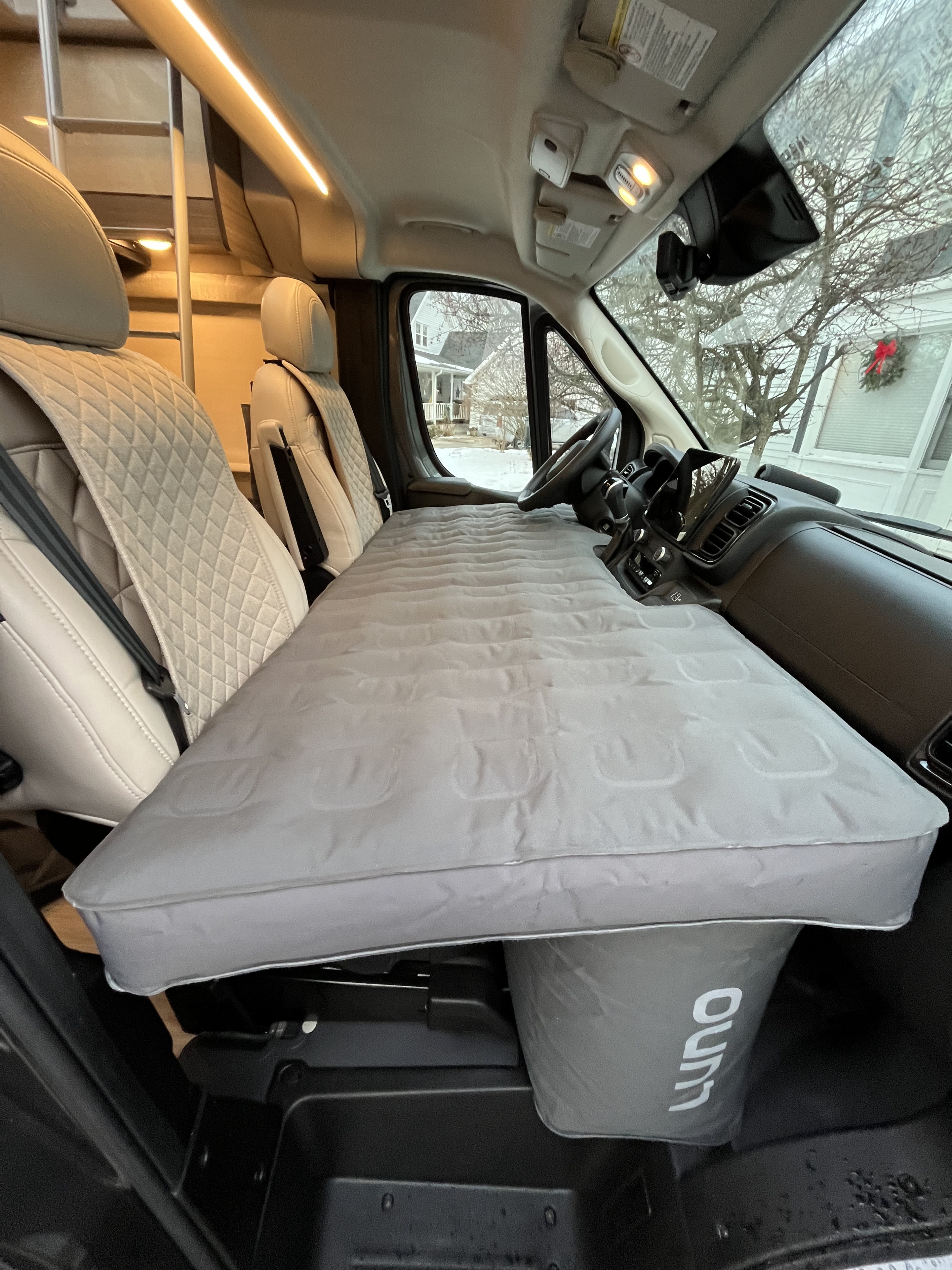Experience comfort in your RV rental with a Luno air mattress. Transforms the front cabin into a cozy sleeping area.. Entegra Coach Ethos 2024