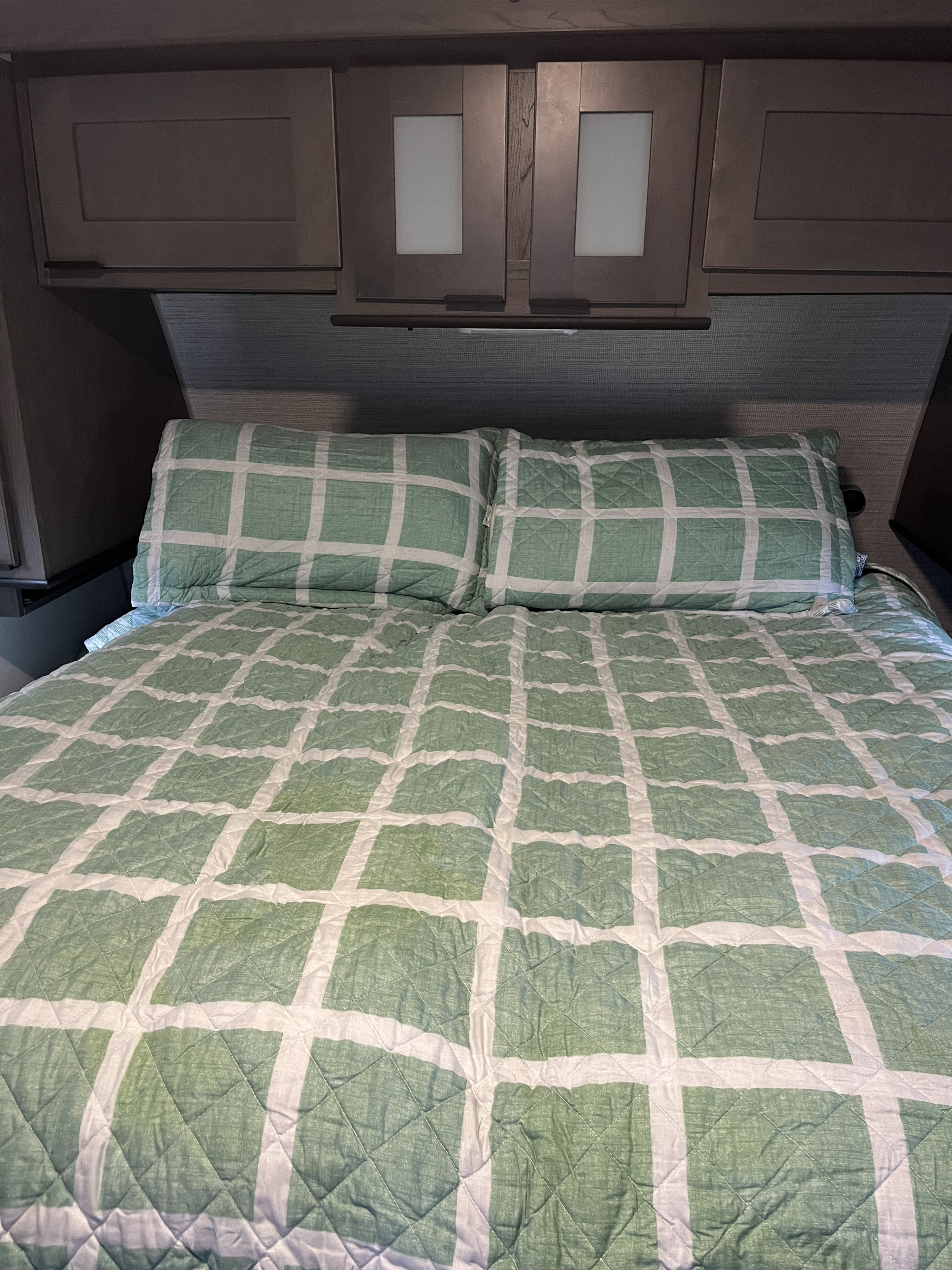 Inside an RV rental, a cozy bedroom with a green and white checkered quilt, two pillows, and overhead storage cabinets.. Cruiser RV MPG 2022