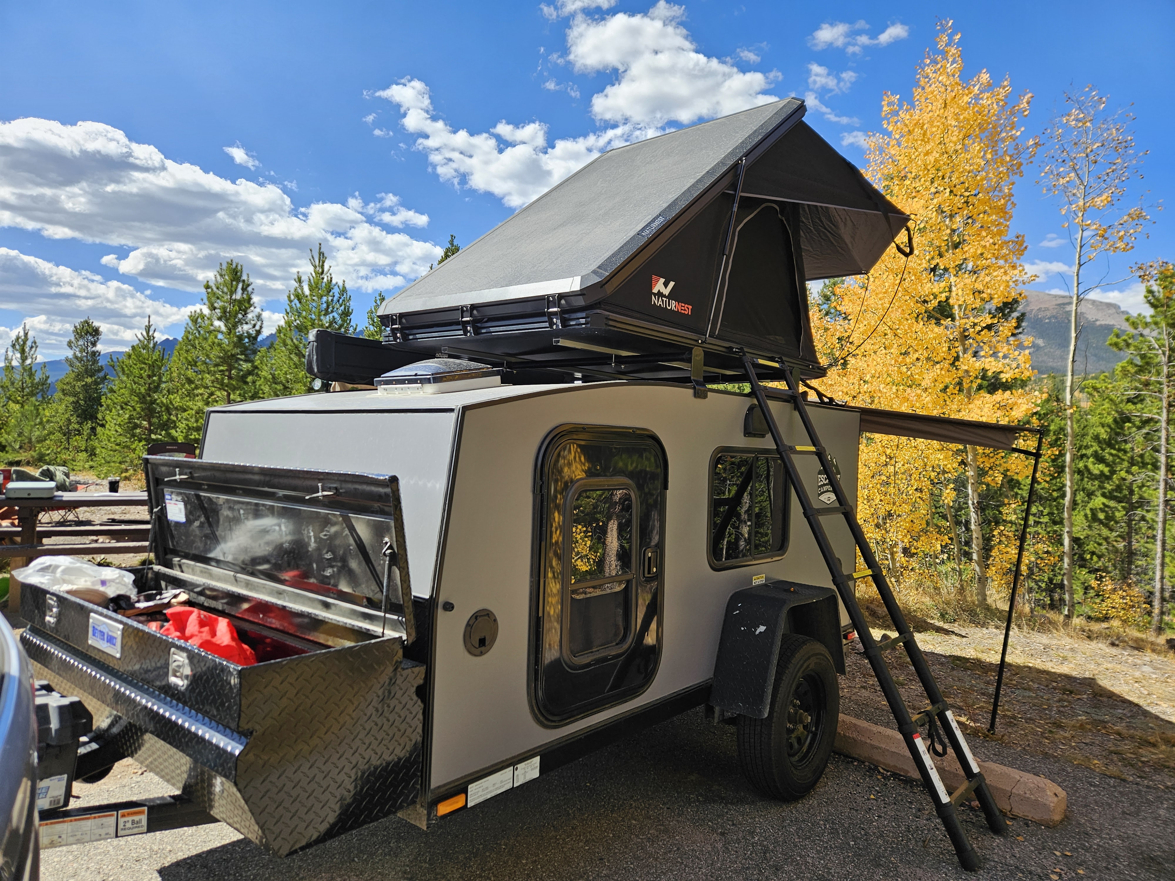 Off-Grid Camping in Teardrop Trailer With Child Bunk and Rooftop Tent