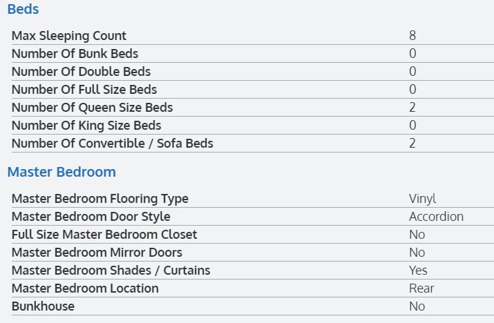 This RV rental's specs show a sleeping capacity of 8 with 2 queen beds and 2 convertible sofa beds, plus master bedroom features.. Forest River Solera 27DSE 2021