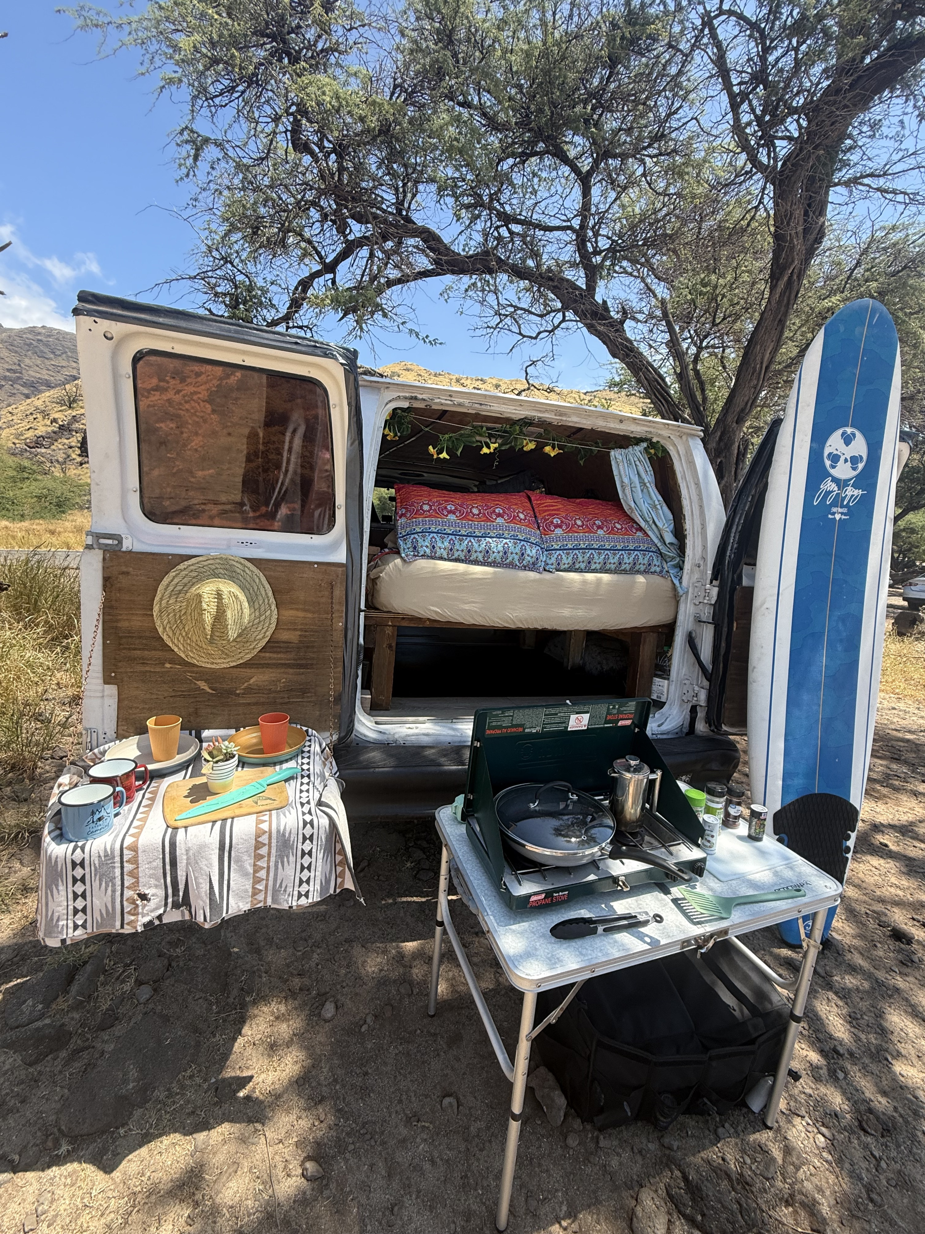 RV rental ready! Cozy camper van with bed, outdoor kitchen, and surfboard under a shade tree by mountains.. Ford Econoline 150 2010