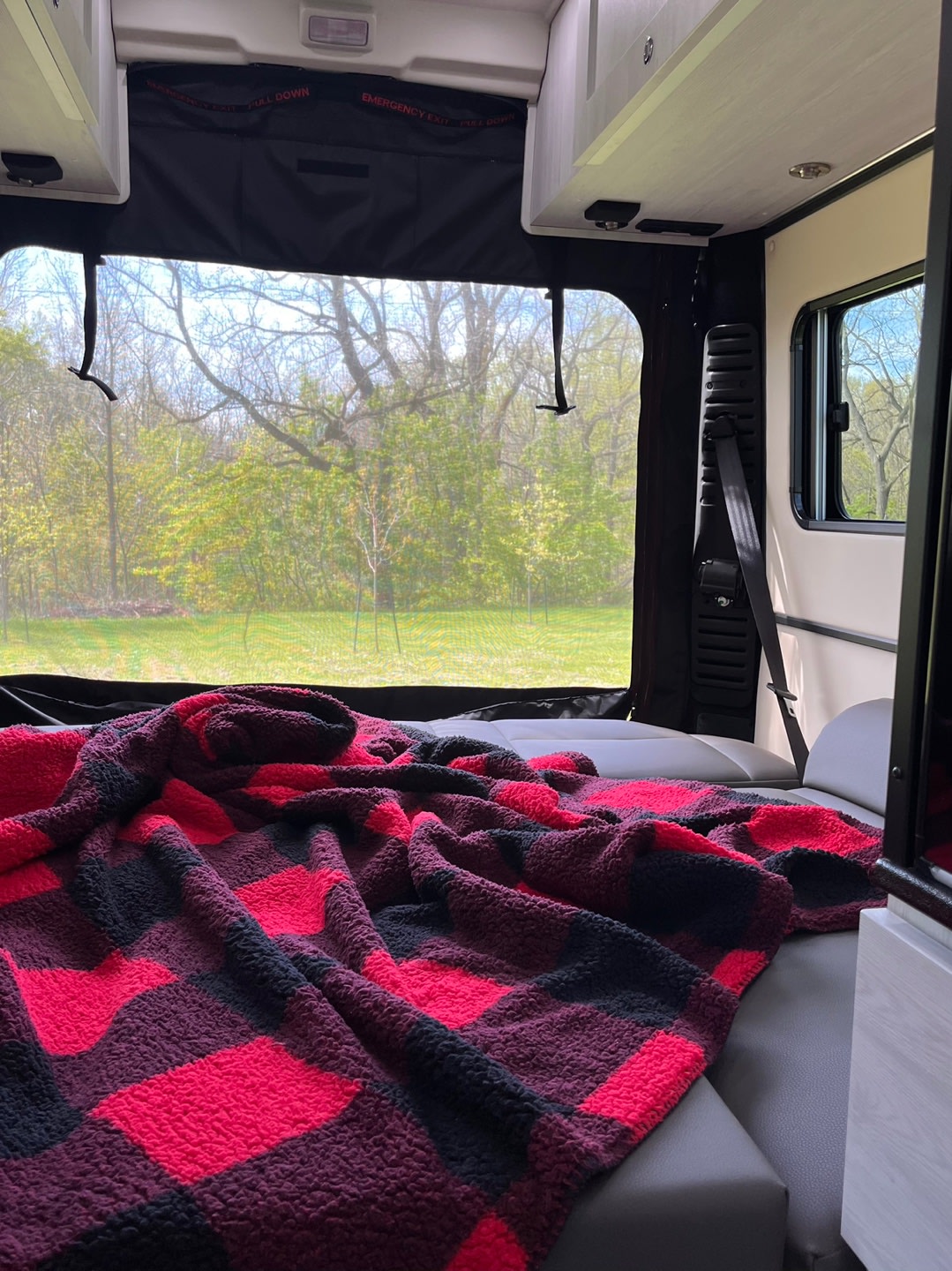 An RV rental's inviting interior: Red plaid blanket on bed, large window with mesh screen reveals a peaceful forest view.. Roadtrek Roadtrek Class B 2024