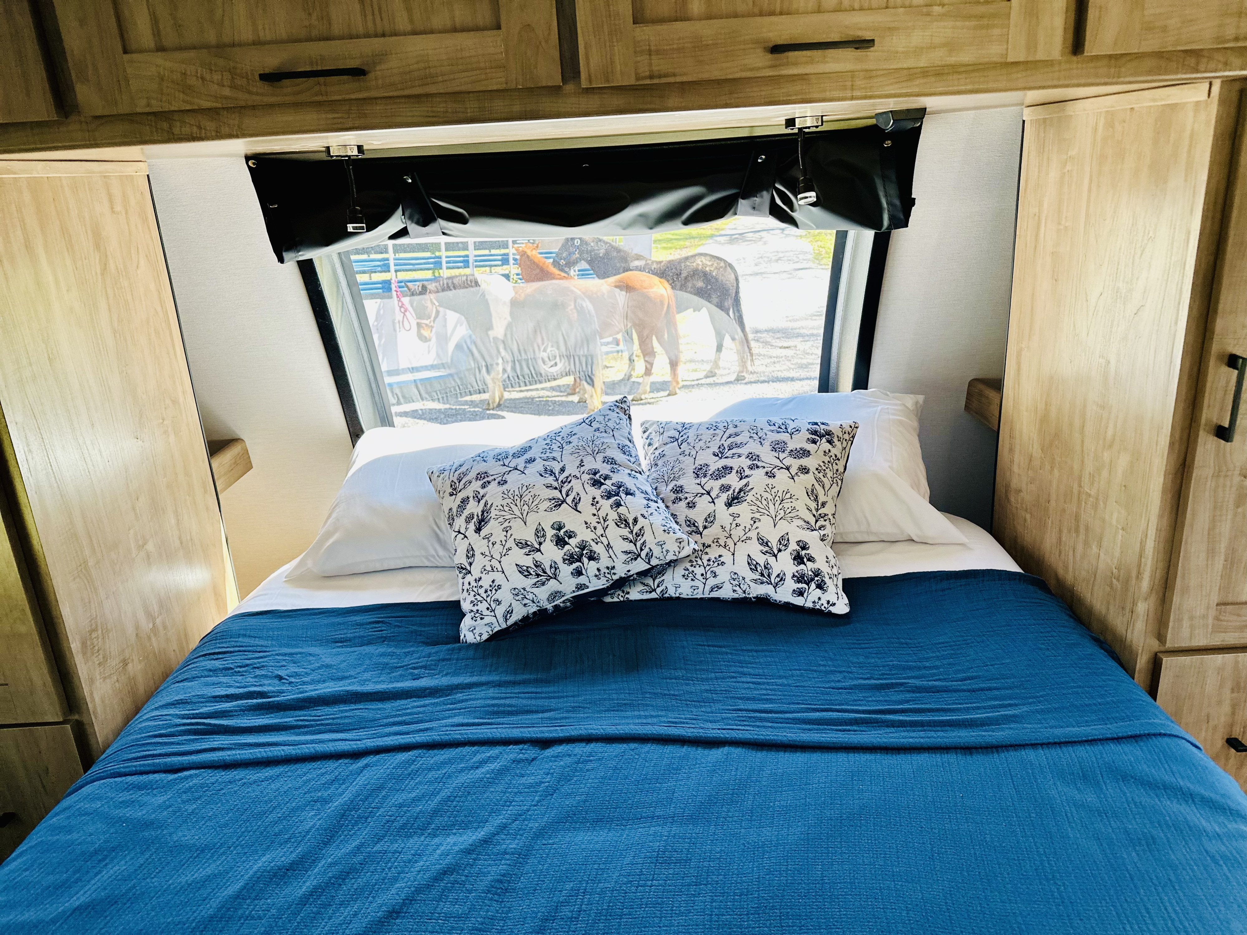 Cozy RV rental bedroom with blue bedding, floral pillows, and a window view of horses.. Forest River Coachmen Freedom Express 2025
