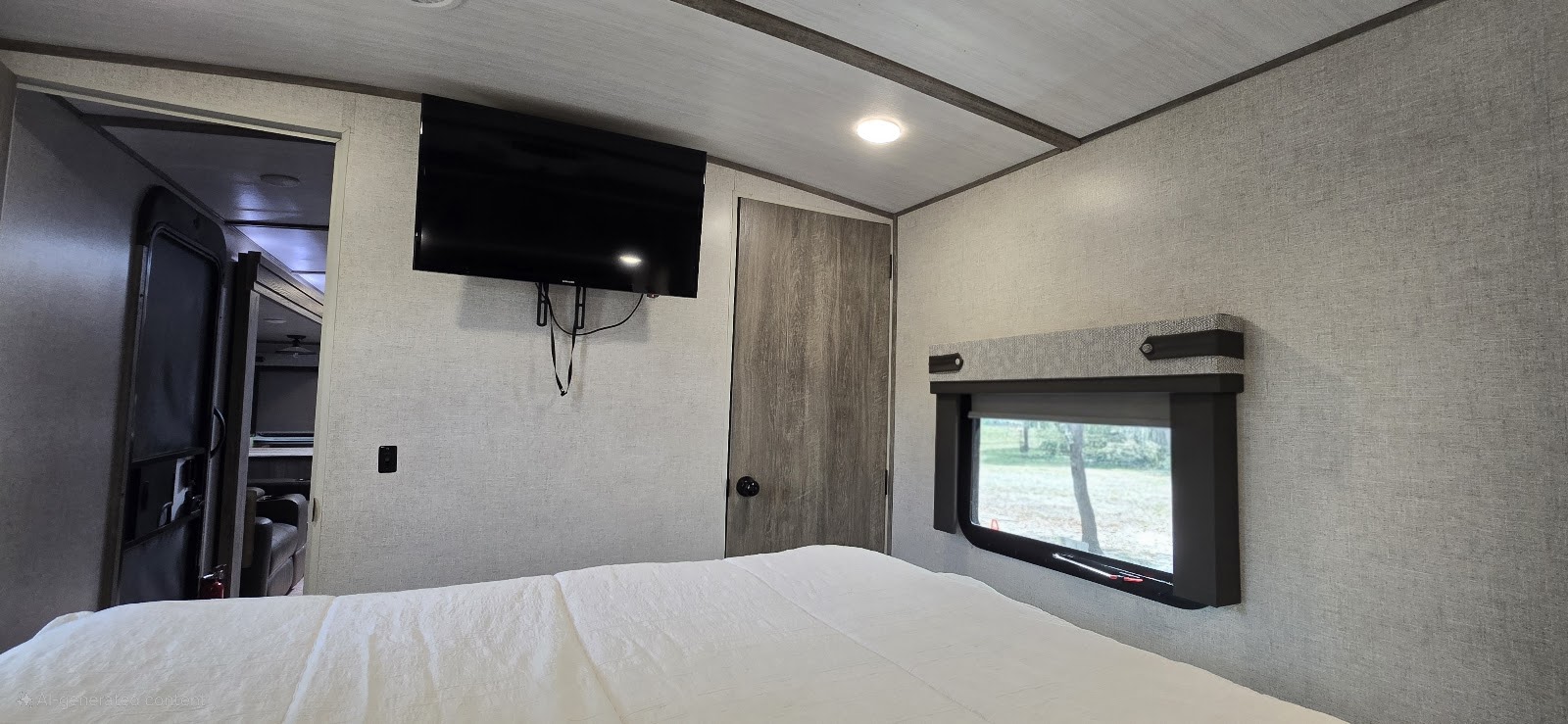 Spacious RV rental bedroom with a comfy bed, wall-mounted TV, and window offering outdoor views.. Forest River Salem Hemisphere 2021