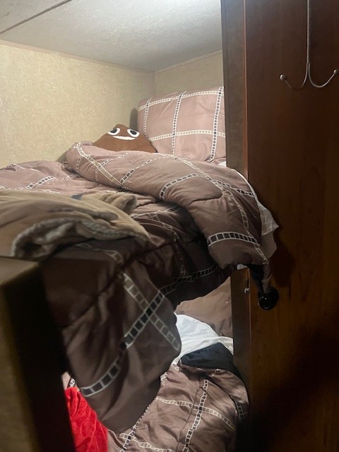 Inside an RV rental: cozy bunk beds with brown bedding. A fun poop emoji pillow is on the top bunk.. Starcraft AR-One 2016