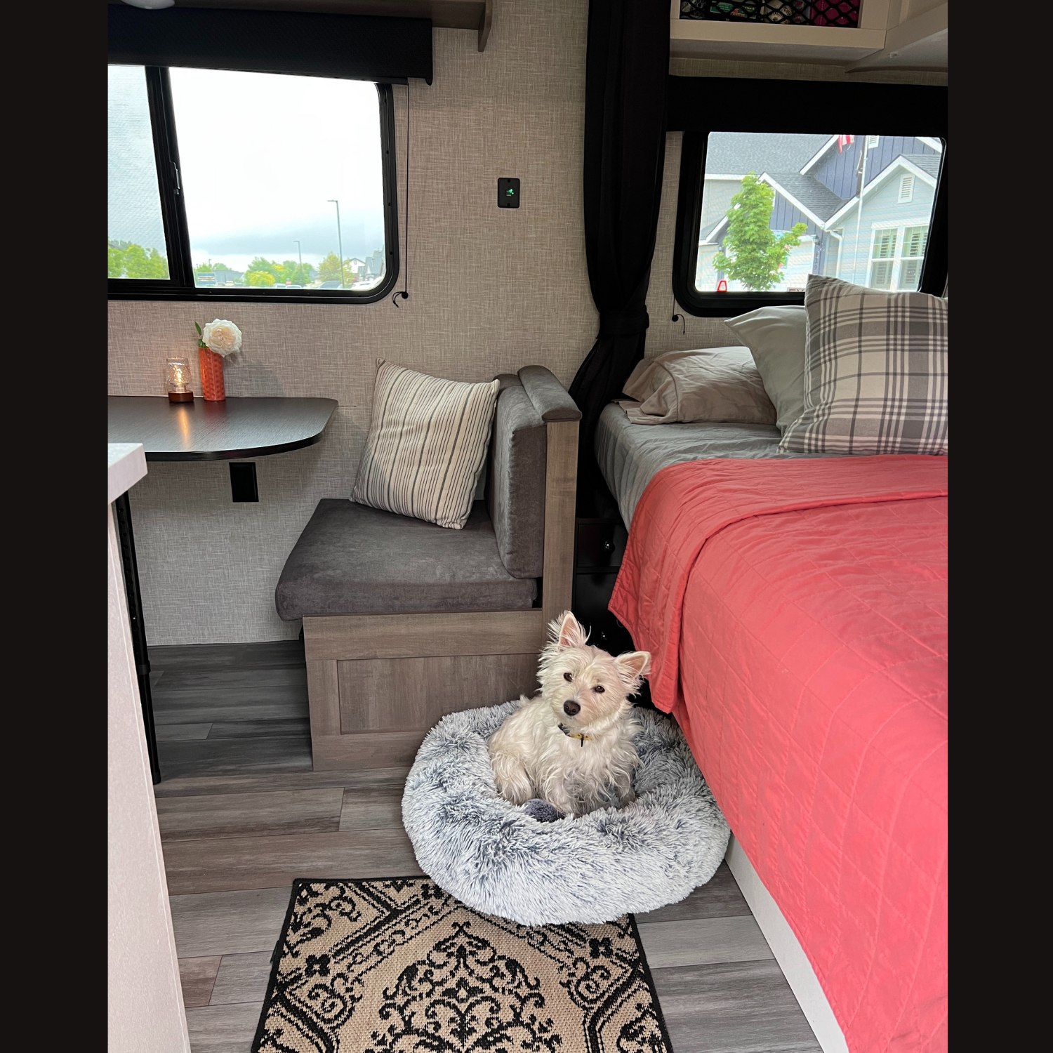 A small white dog smiles in its bed within this cozy RV rental, showing the compact dining nook and sleeping area.. Jayco Jay Flight SLX Baja Edition 2024