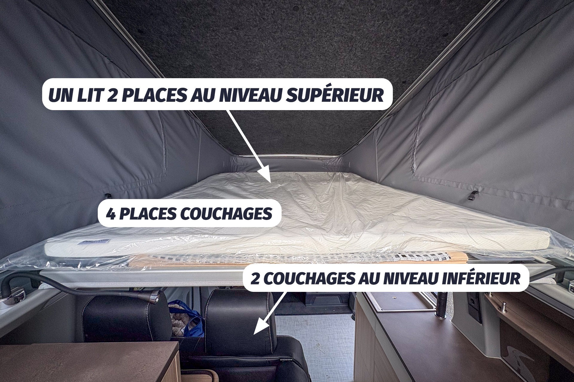 This RV rental offers 4 berths: a 2-person pop-top bed (upper) and 2 lower berths, ideal for camper van adventures.. Stylevan Nouveau Bélize 2025