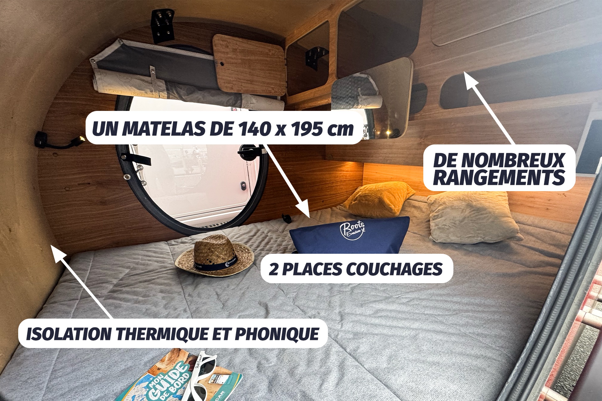 Cozy RV rental interior: a comfortable 140x195cm bed, ample storage, and insulation for restful travel.. YGONow Cocoon XE 2022