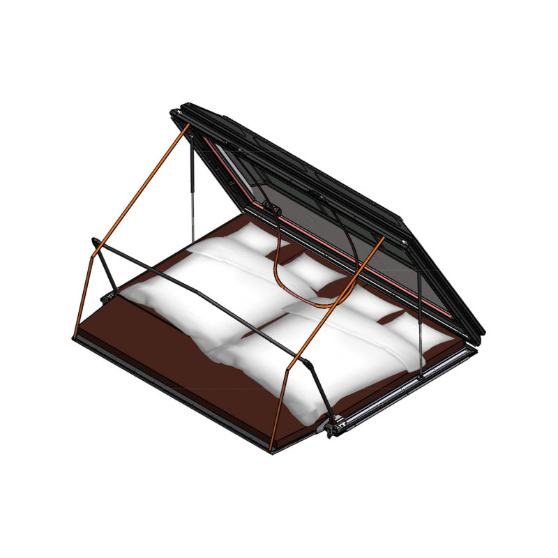 Lift-top hard shell tent bed for RV rental. Features a spacious sleeping area with mattress and pillows.. Chevrolet colorado 2025