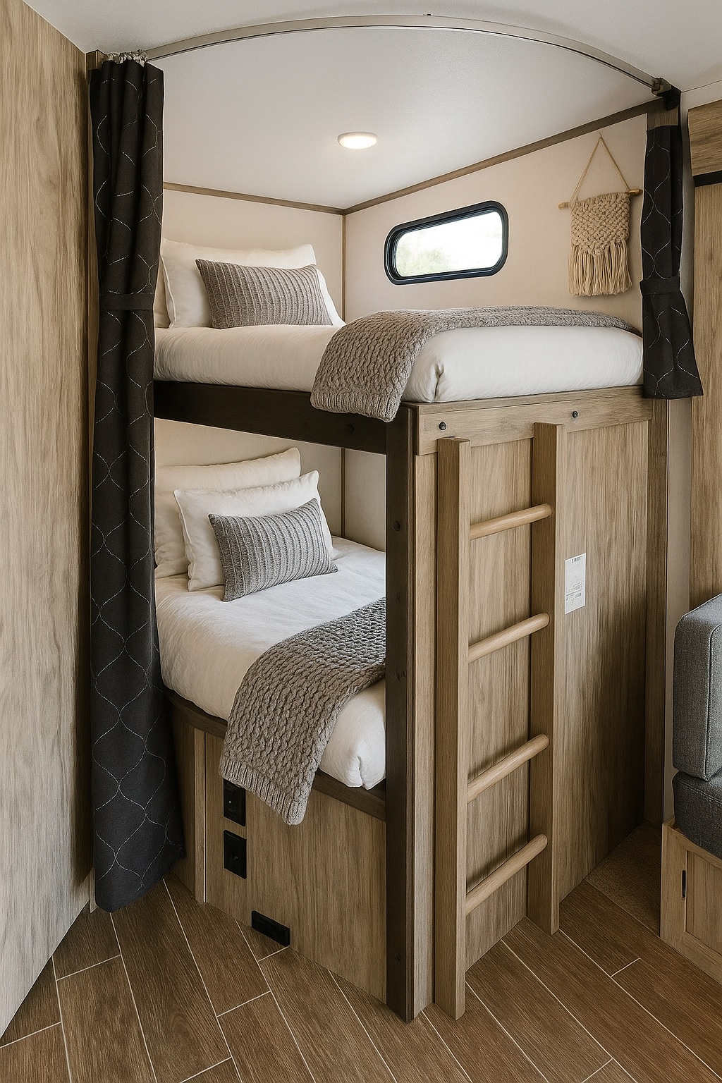 Cozy RV rental with modern bunk beds. Features include a privacy curtain, ladder, window, and comfortable bedding.. Forest River Cherokee Alpha Wolf 2022