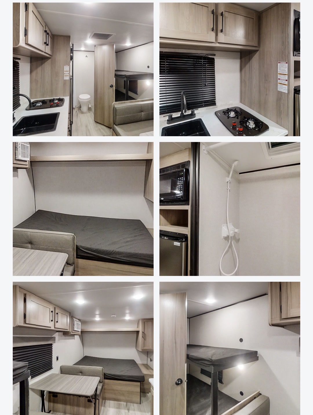 Compact RV rental interior featuring a kitchen, dinette, main bed, bunk beds, and a functional bathroom with shower.. Coleman 17b 2025