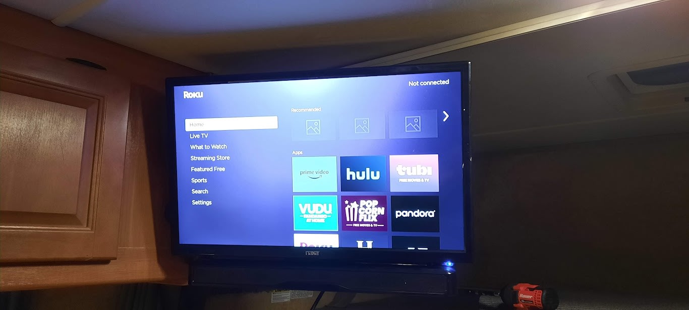 Roku TV in an **rv rental** showing streaming apps, but "Not connected." Ideal for in-vehicle entertainment on the go.. Thor Majestic 2017