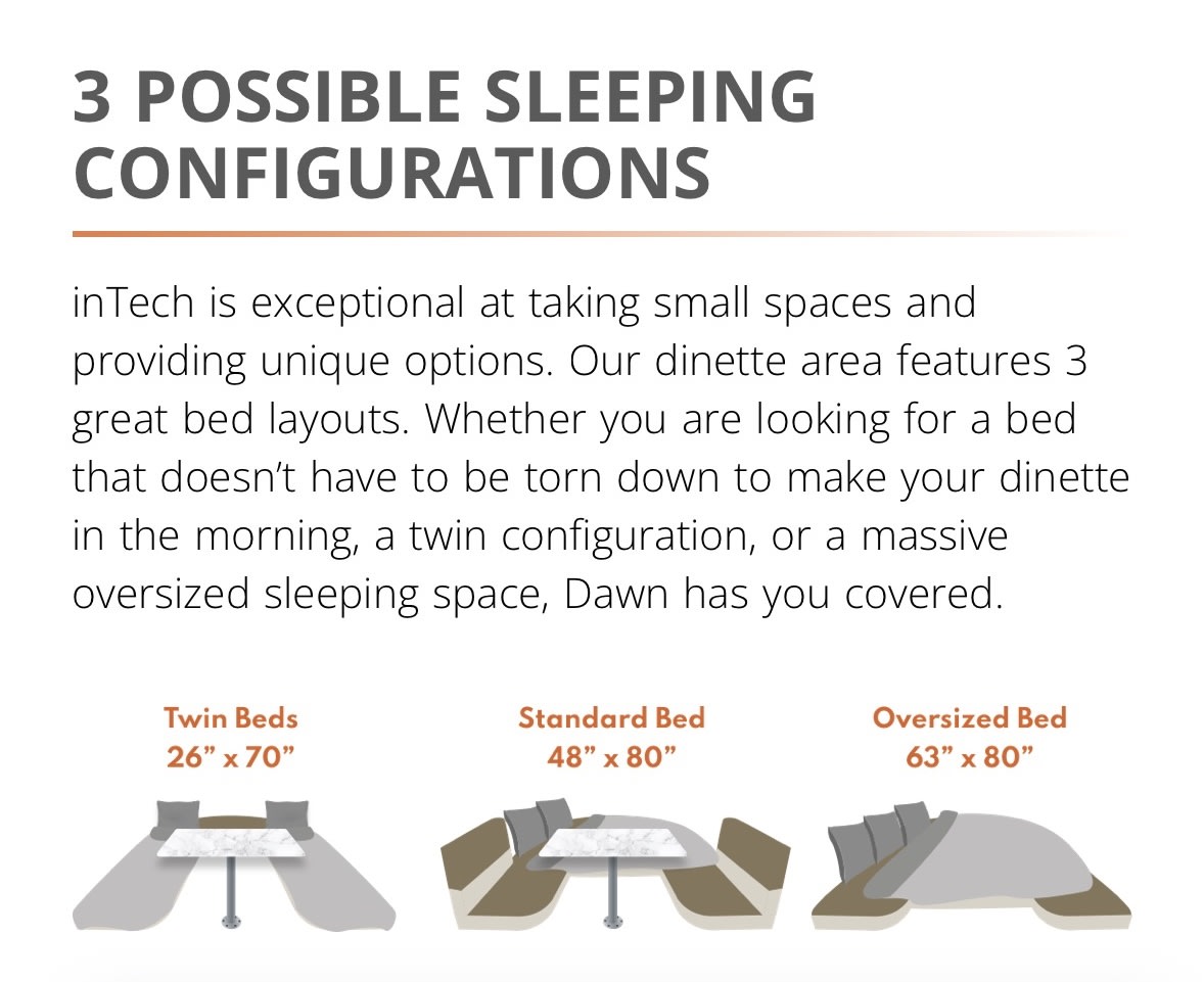 Versatile RV rental sleeping configurations: twin, standard, and oversized bed layouts with dimensions.. InTech RV InTech RV Trailer 2020