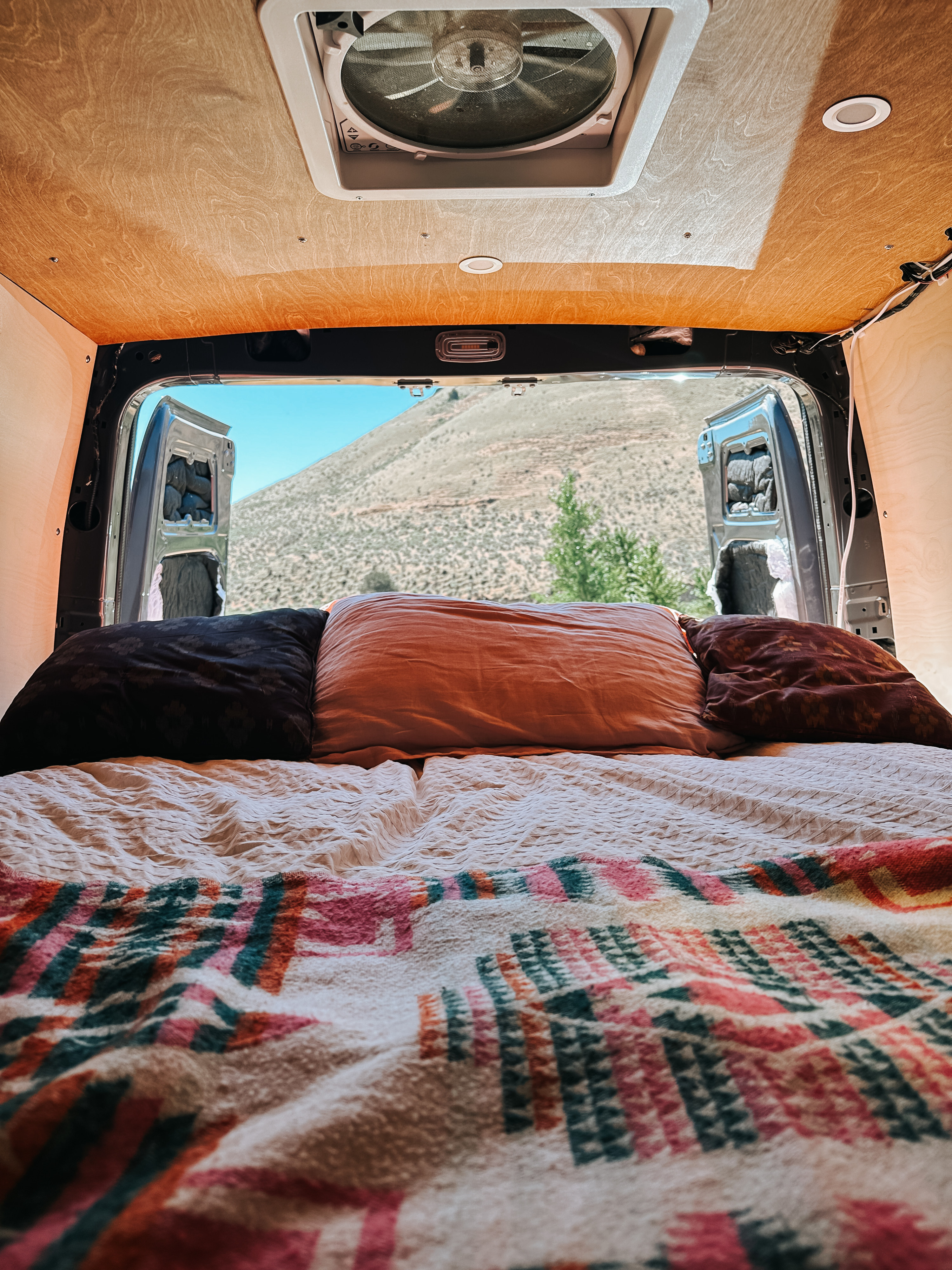 Experience van life! This RV rental offers a comfy bed, ceiling fan, and a breathtaking mountain view from open back doors.. Mercedes-Benz Sprinter 2020