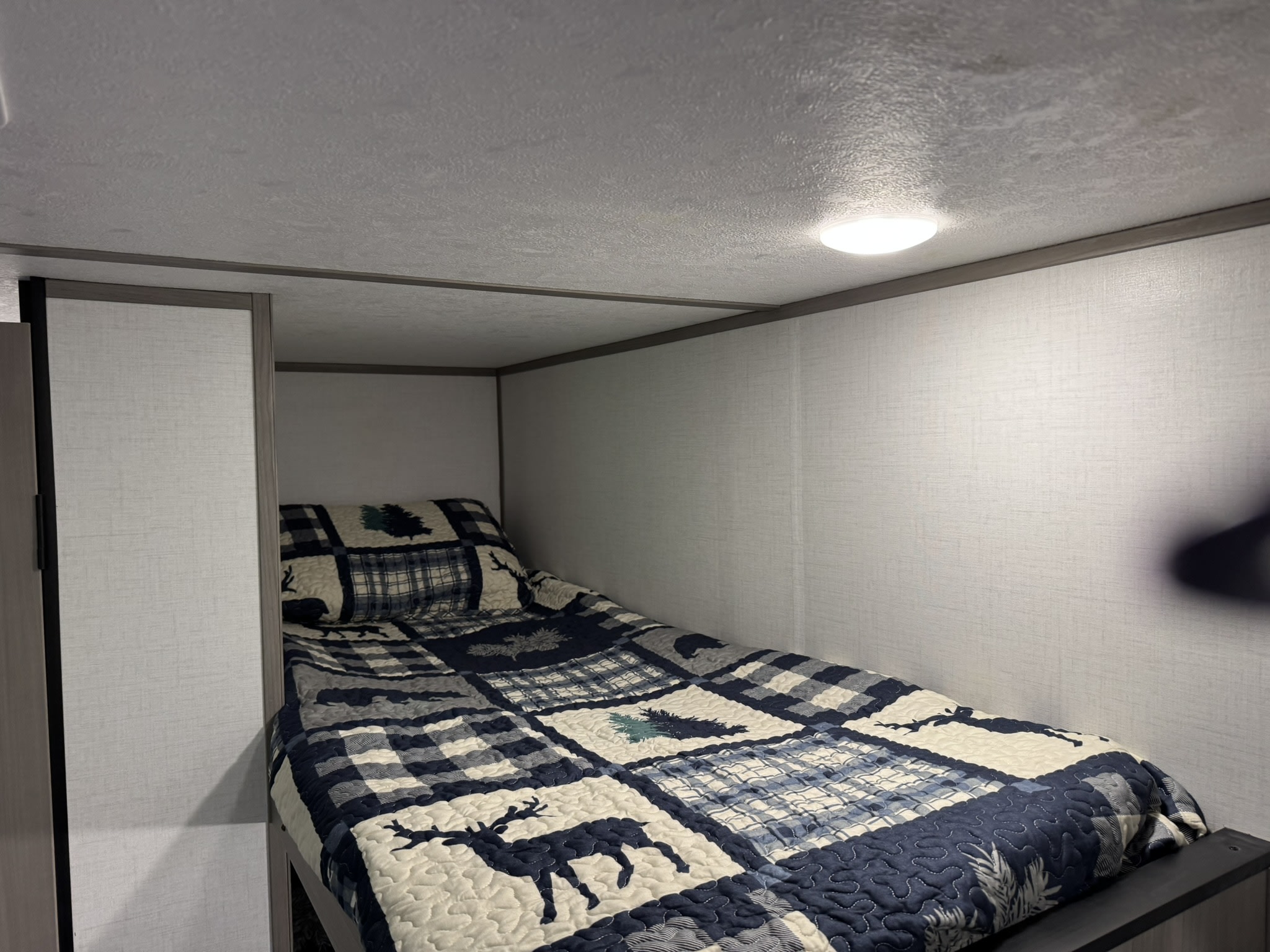 Cozy bunk bed with deer-themed comforter in a compact RV rental sleeping area.. Dutchman Coleman Lantern LT 2024