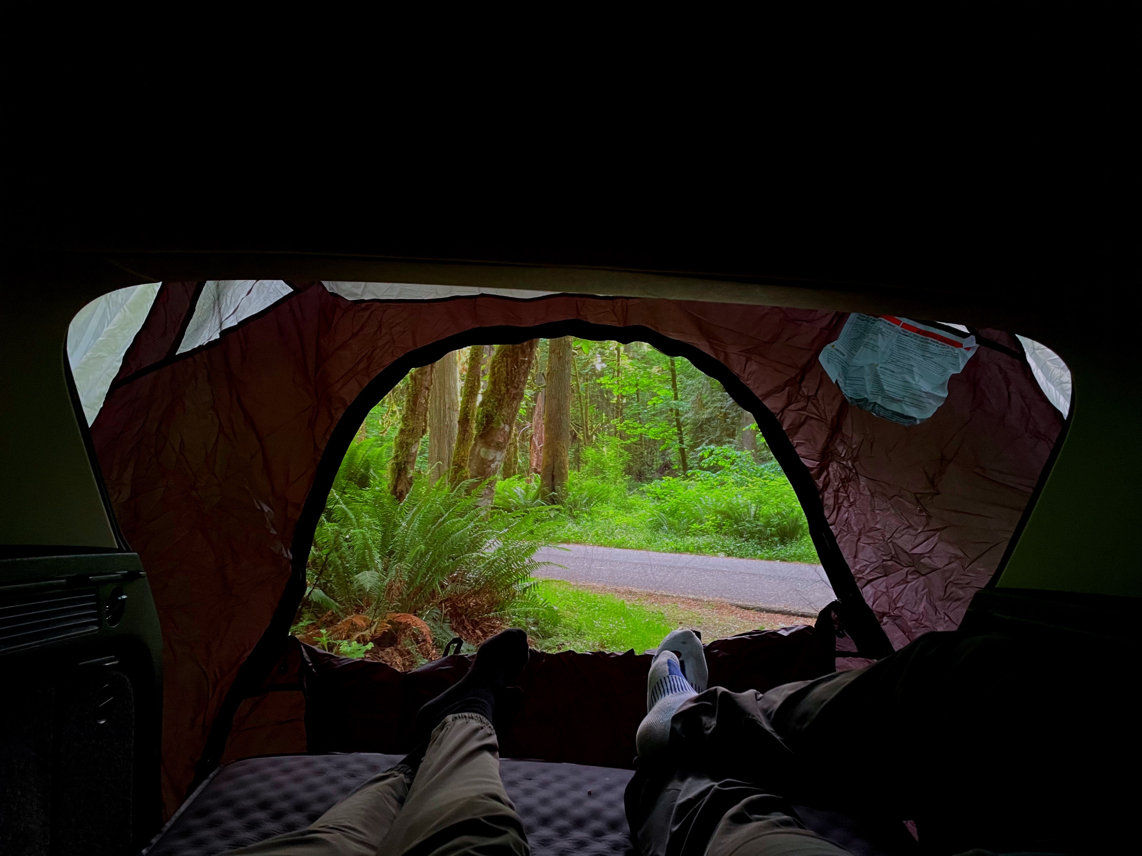 Relaxing in an RV rental, with legs extended on a sleeping pad, gazing out at a lush green forest and paved road.. Volkswagen Tiguan 2012