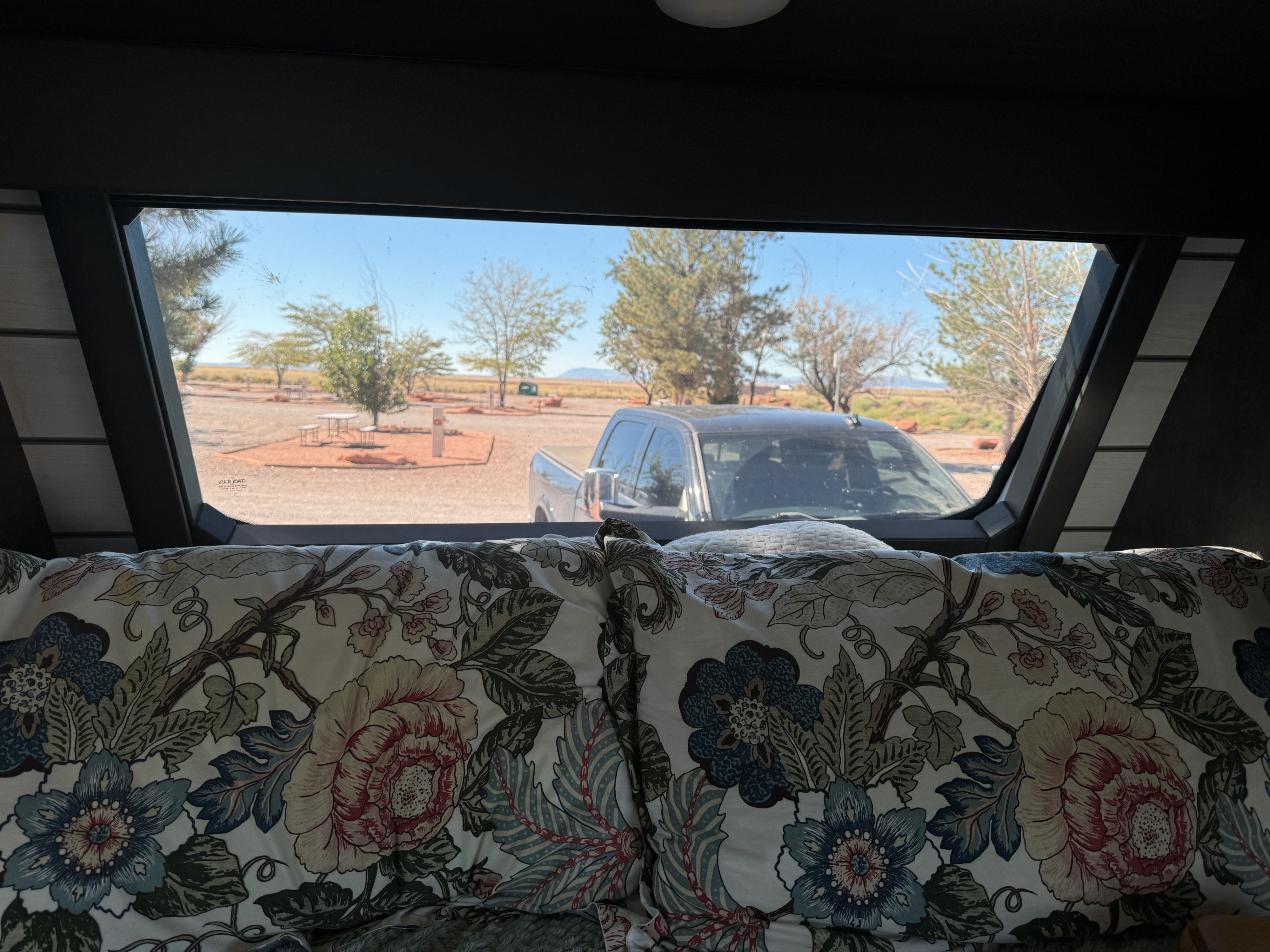 Inside an RV rental, floral pillows frame a sunny view of a parked truck, trees, & campsite amenities.. Keystone RV Cougar 2024