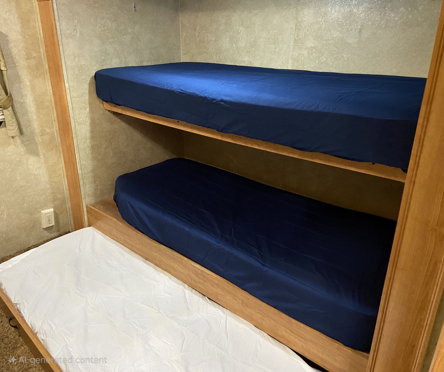 RV rental sleeping area: Wooden bunk beds with navy sheets & a pull-out trundle bed, designed for compact living.. Keystone RV Sprinter 2010