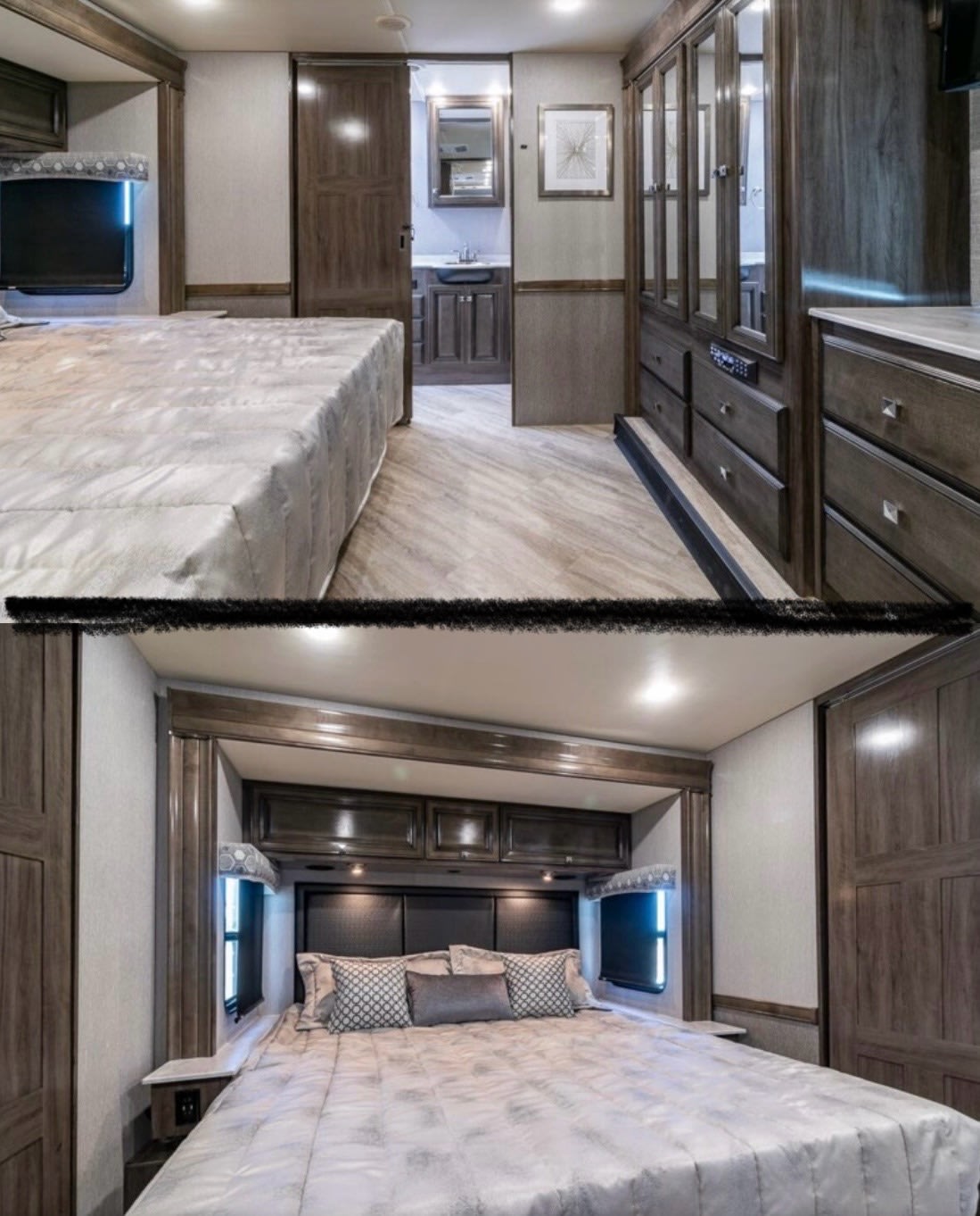 This RV rental showcases a spacious bedroom with a comfortable bed, TV, ample storage, and an adjacent bathroom.. Holiday Rambler Invicta 2021