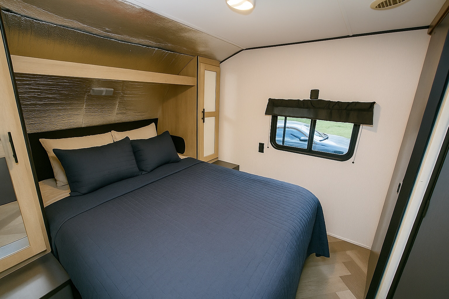Cozy RV rental bedroom with a dark blue bed, built-in storage, and a small window revealing a car outside.. Heartland RVs Prowler 2022