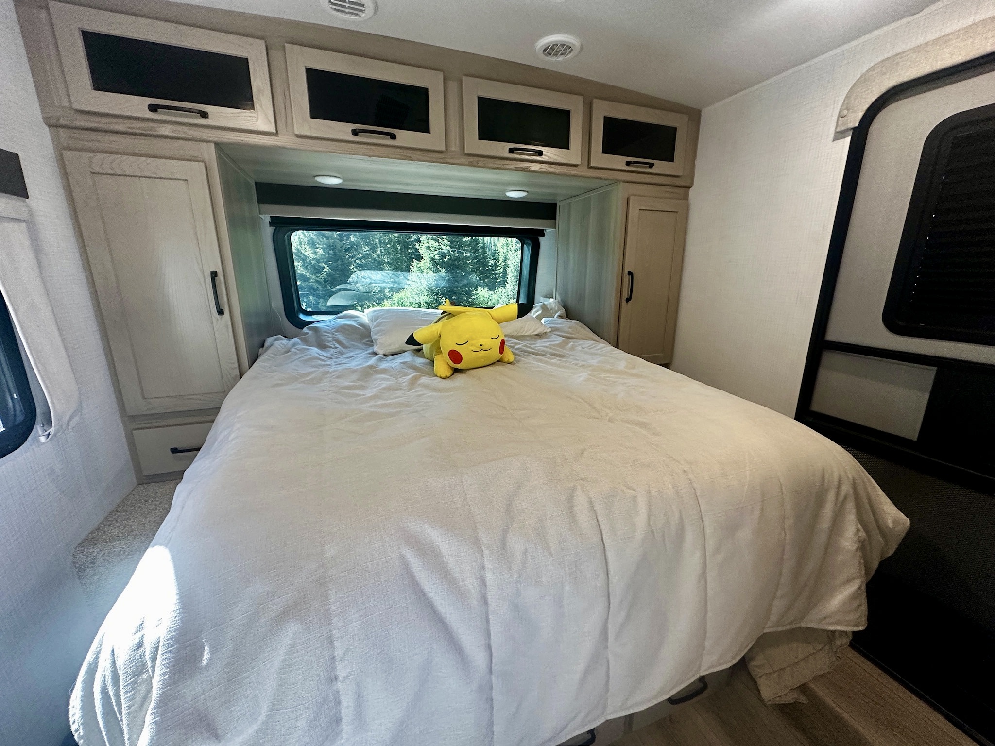 Cozy RV rental bedroom with white bedding, overhead cabinets, and a forest view. A Pikachu plushie rests on the bed.. Forest River Flagstaff Super Light 29DBH 2025