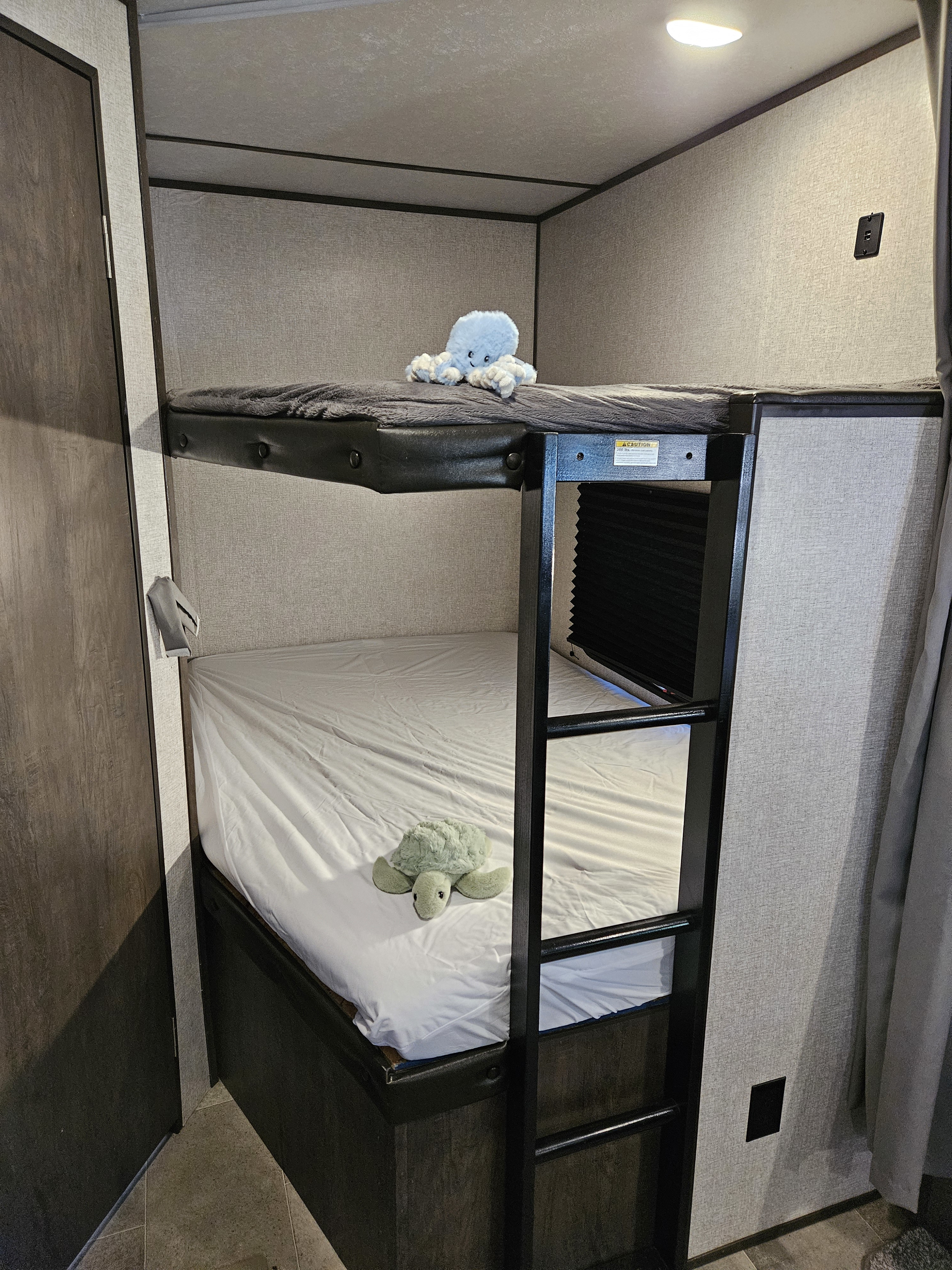 RV rental bunk beds, complete with a ladder, ceiling light, & cute plush toys.. Coleman 263BHWE 2021