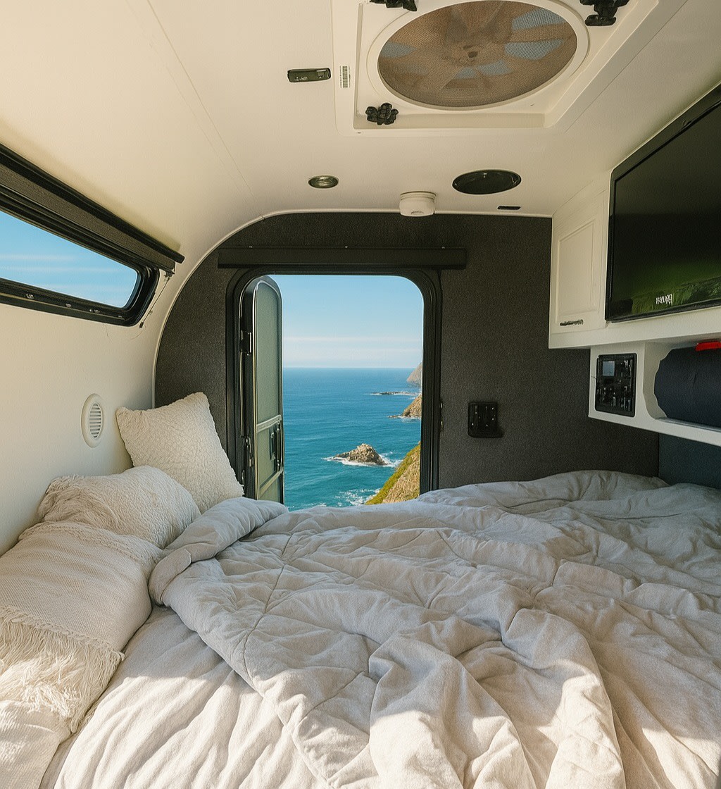 Cozy RV rental bed with stunning ocean views and rugged cliffs visible through the open door. Perfect for scenic travel.. Little Guy Little Guy Trailer 2016