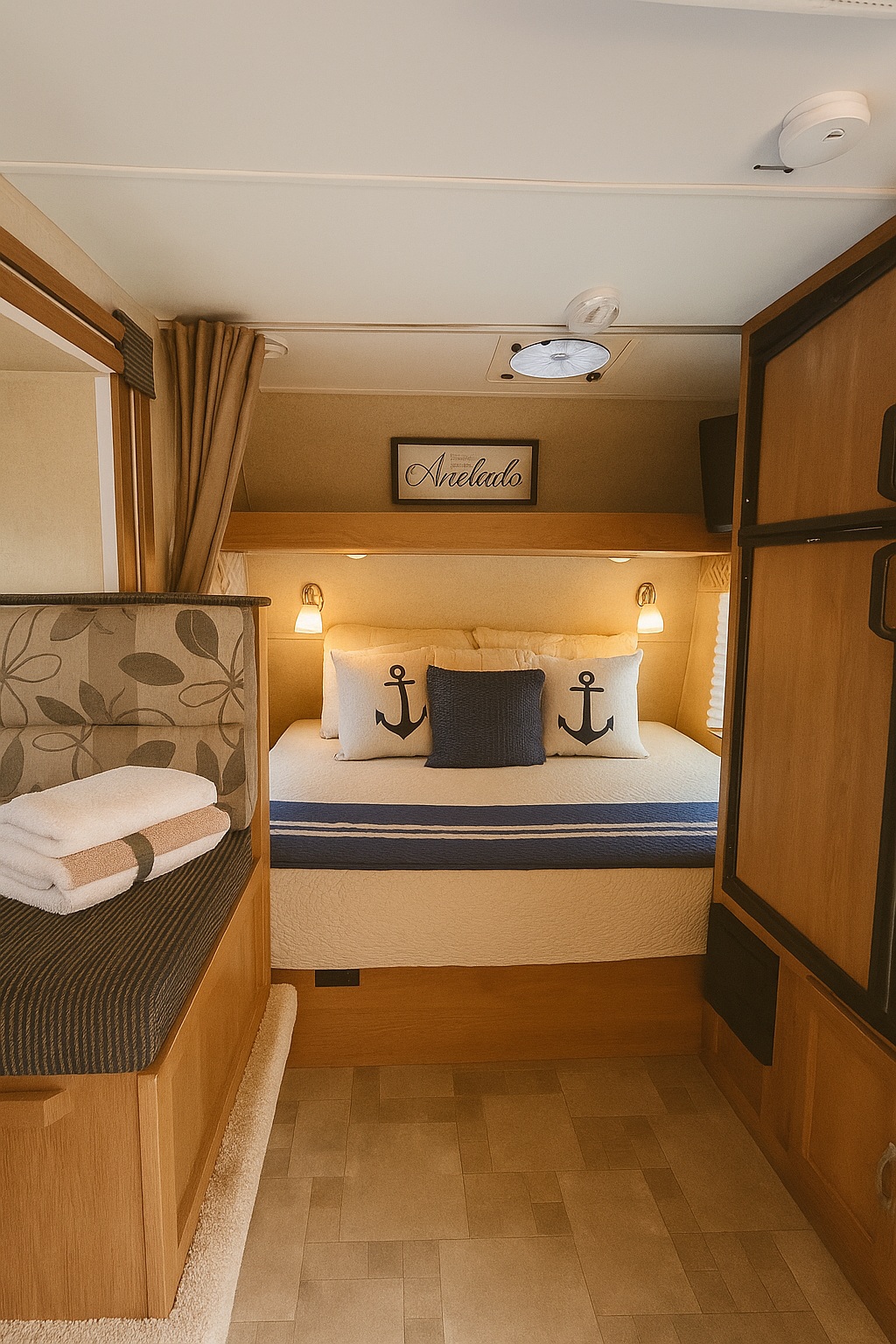Inside an RV rental: a compact yet comfy bedroom area with a neatly made bed, nautical cushions, and a side seating area with fresh towels.. Takena Takena Trailer 2011